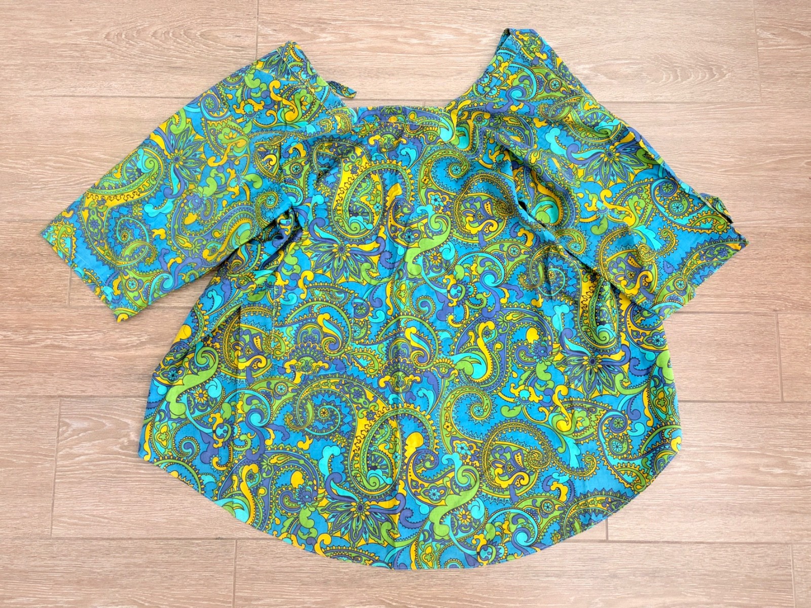 Vintage Womens Paisley Smock Top Blue Green Psychedelic Hippie Boho 60s 70s