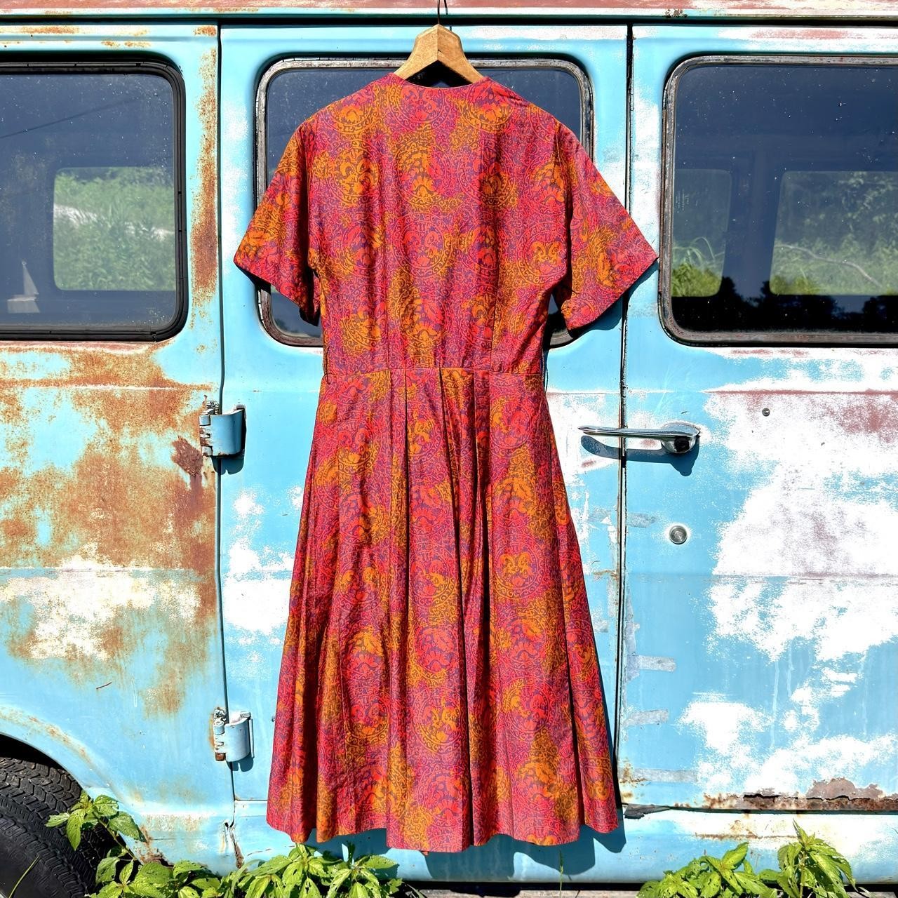 50s red & orange psychedelic medallion paisley silk cotton cocktail dress