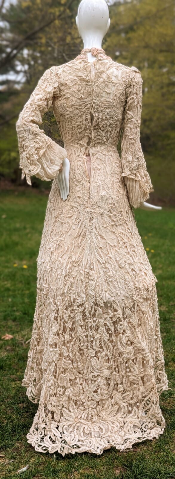 VICTORIAN HAND MADE BATTENBURG LACE DRESS W BELL SLEEVES + TRAIN