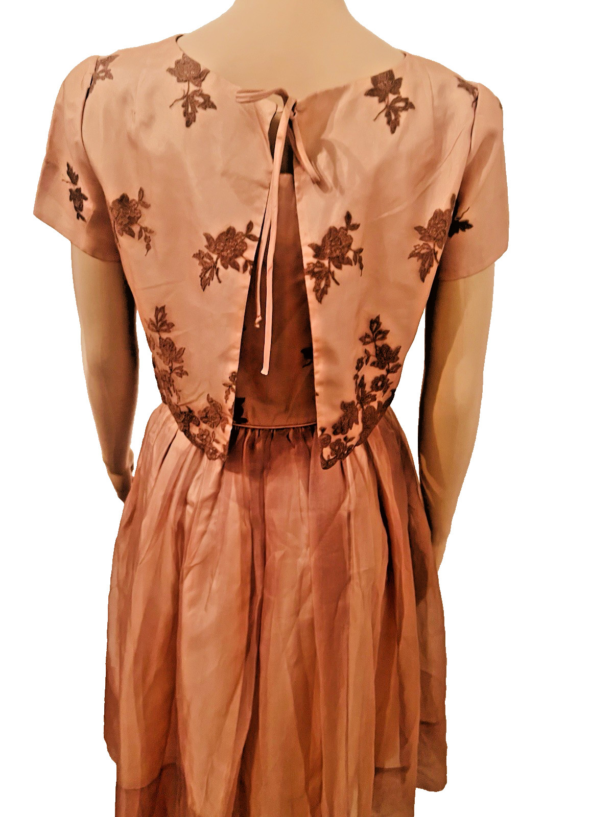 VTG 50s Nina 2pc Copper/Brown Cocktail Dress & Jacket Embroidered Floral Lace M*