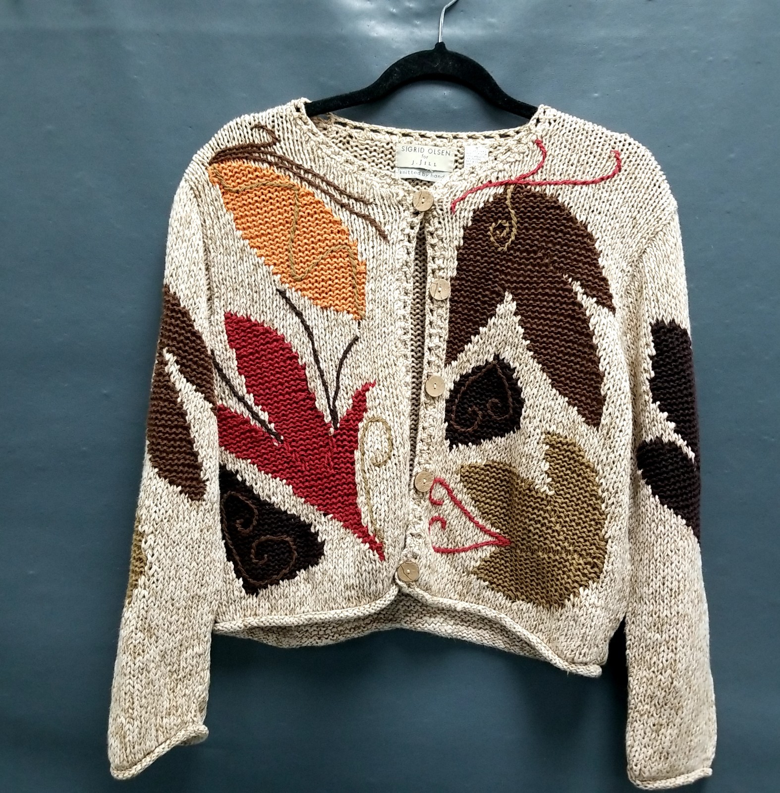 VTG Sigrid Olsen Hand Knit Cardigan Sweater W/Fall Leaves-Size Small
