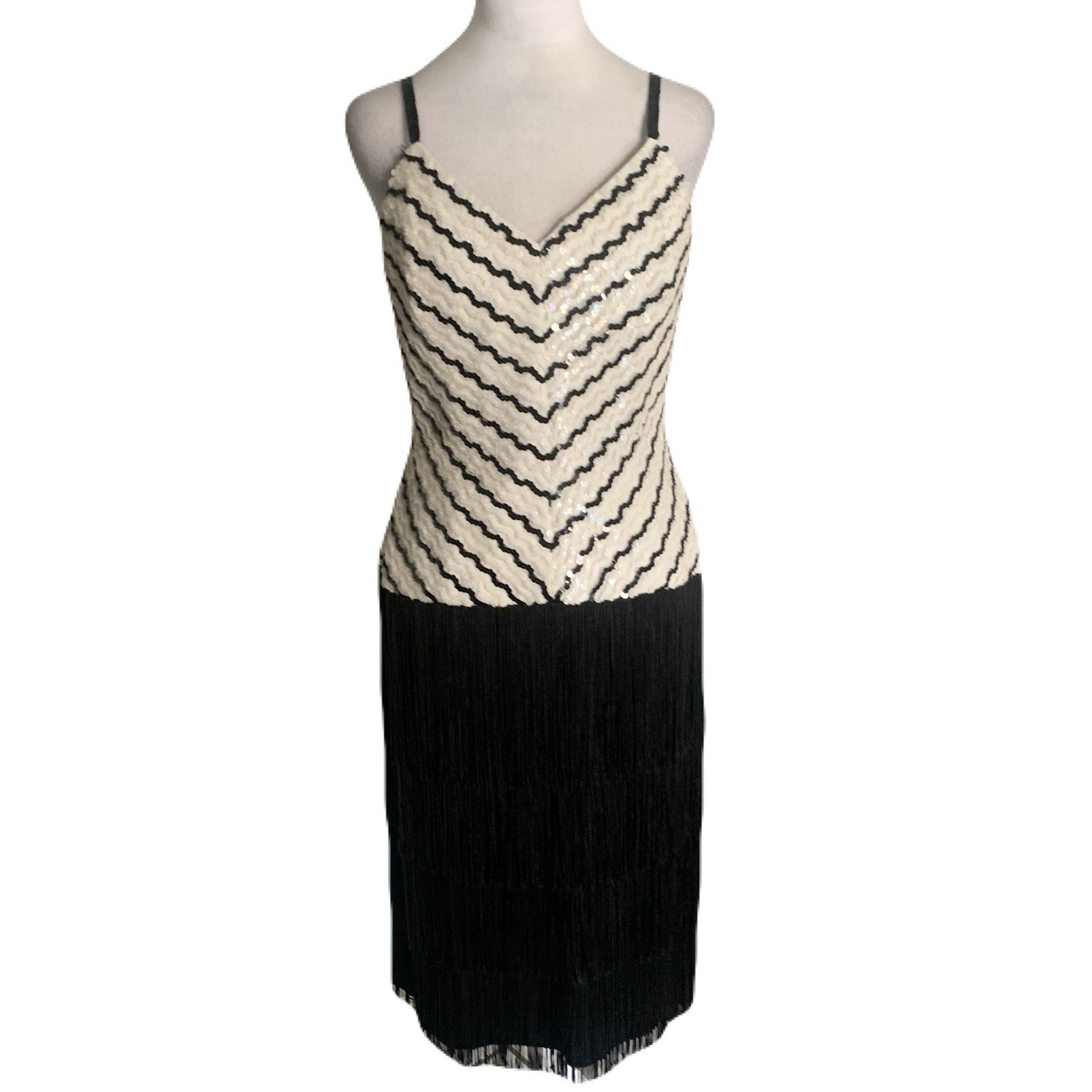 Vintage Lillie Rubin 10 1970s-80s Sequin Fringe Flapper Dress Formal Cocktail