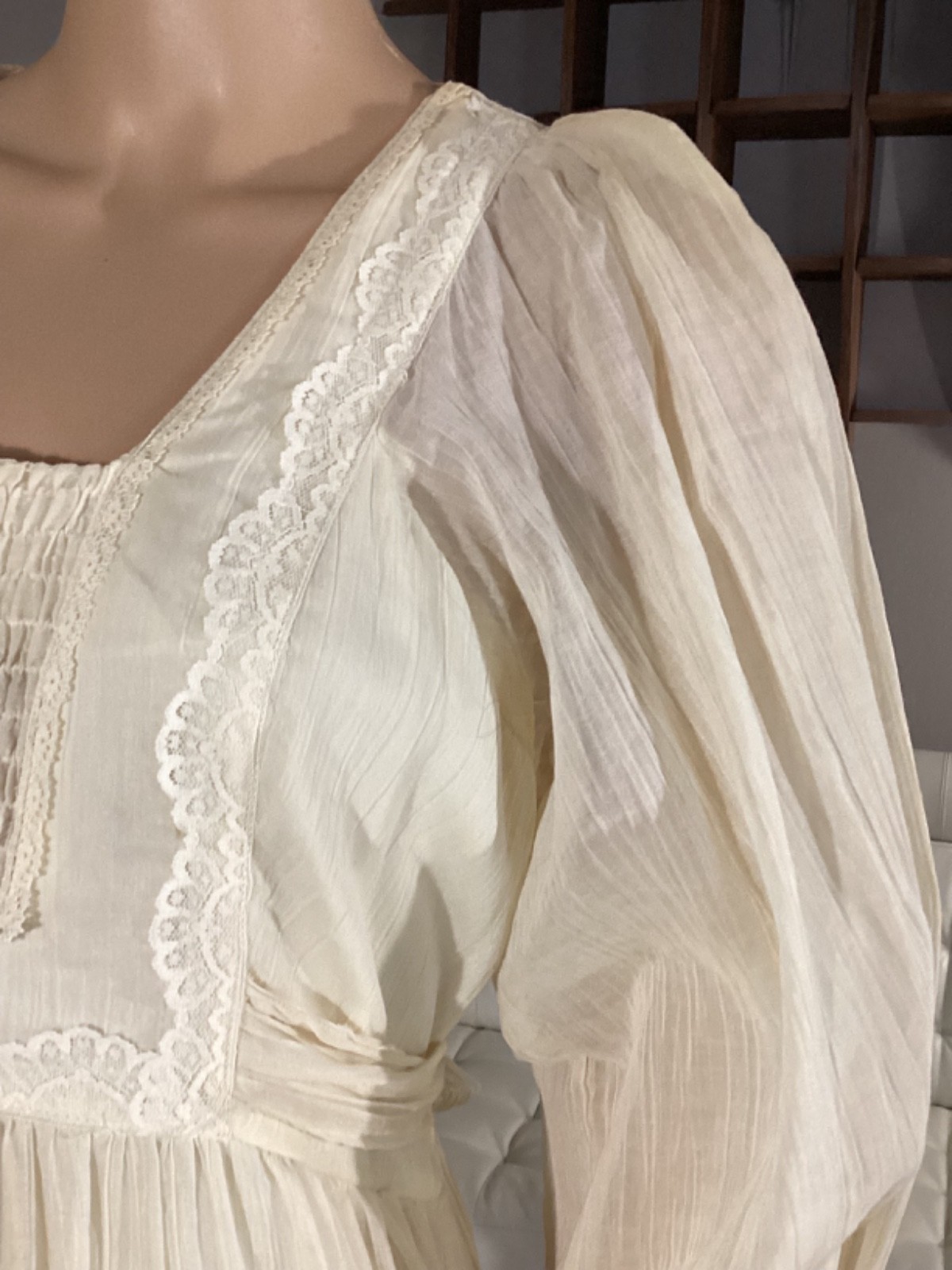 Vintage 1970&rsquo;s Creamy Ivory Gauze Boho Hippie Prairie Maxi Dress Lace Sz 12