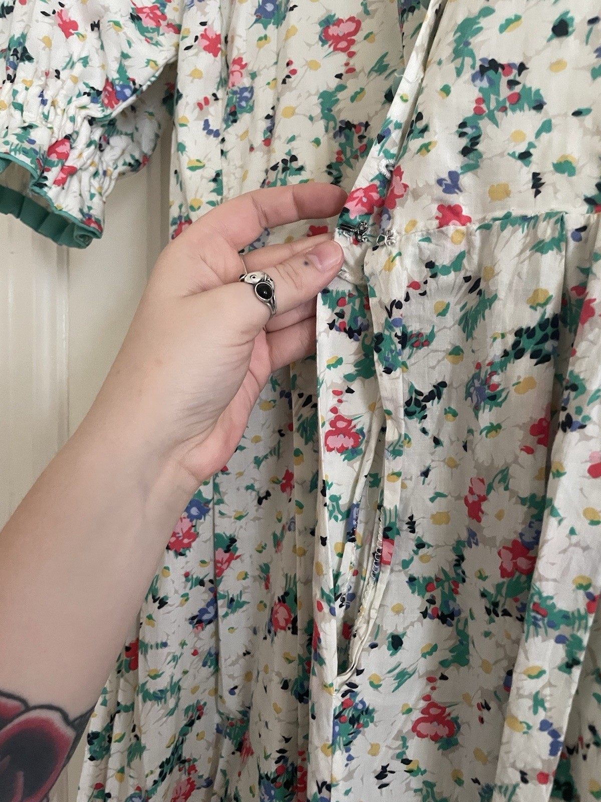 Vintage Floral Square Neck Balloon Short Sleeve Midi Homemade Day Dress S/M
