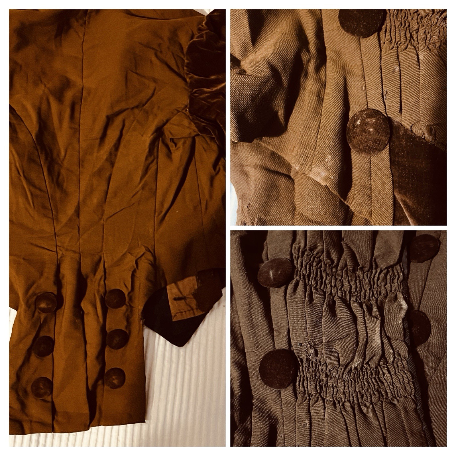 Antique Edwardian Boned Waist Jacket Velvet Trim & Puff Sleeves-Smocked-Coattail