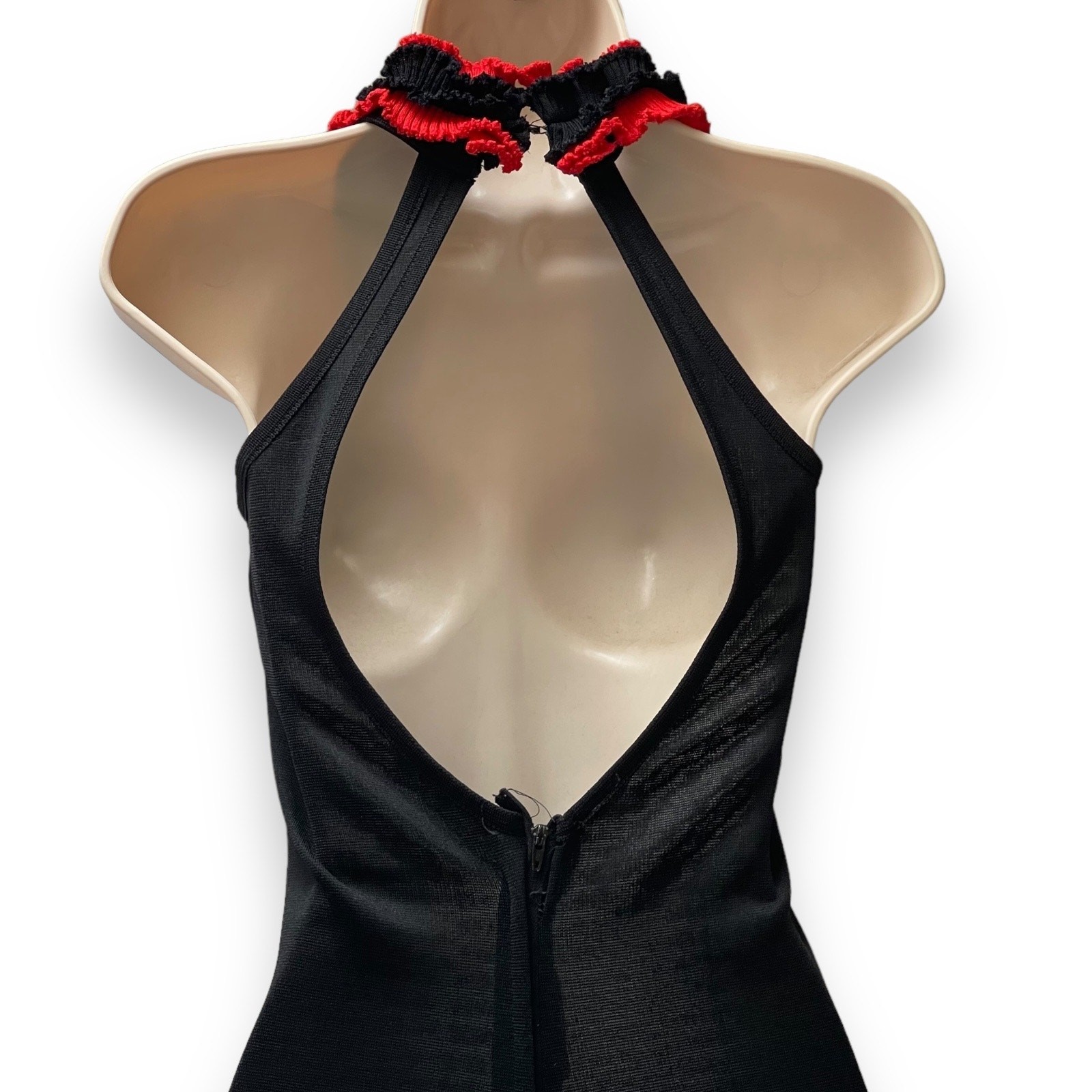 Vintage 70s Black & Red Ruffle Backless Knit Bellbottom Jumpsuit Studio 54 Disco