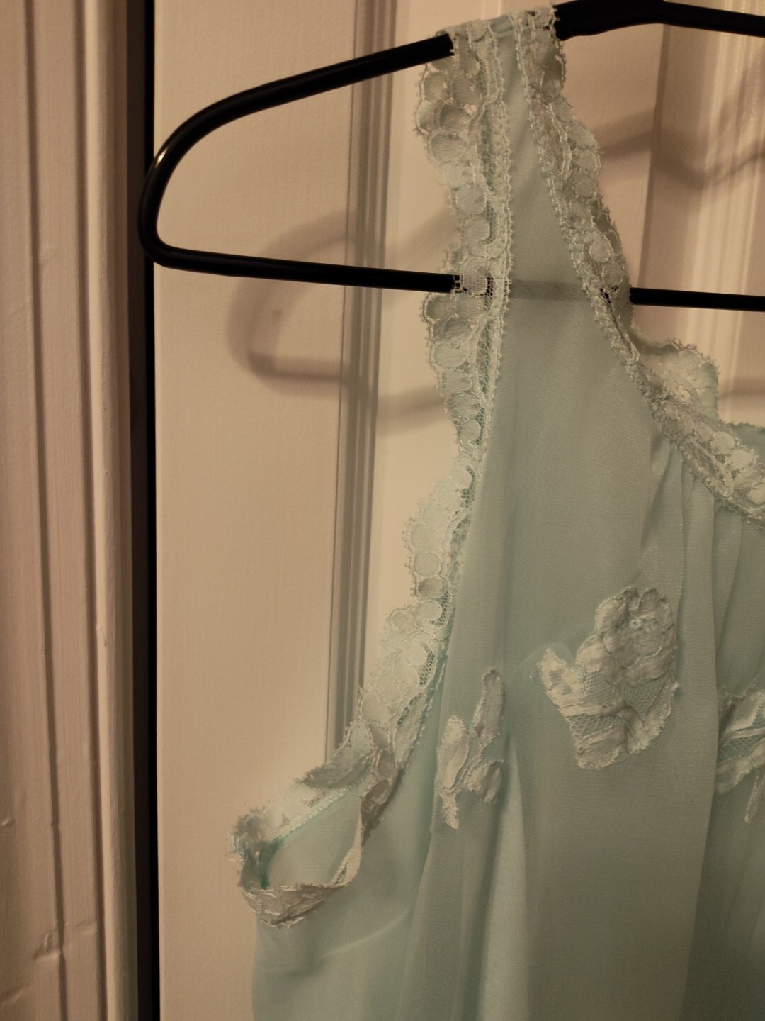 Vtg Gossard Artemis Pale Teal Blue Lined Chiffon Lace Babydoll Nightgown L Large