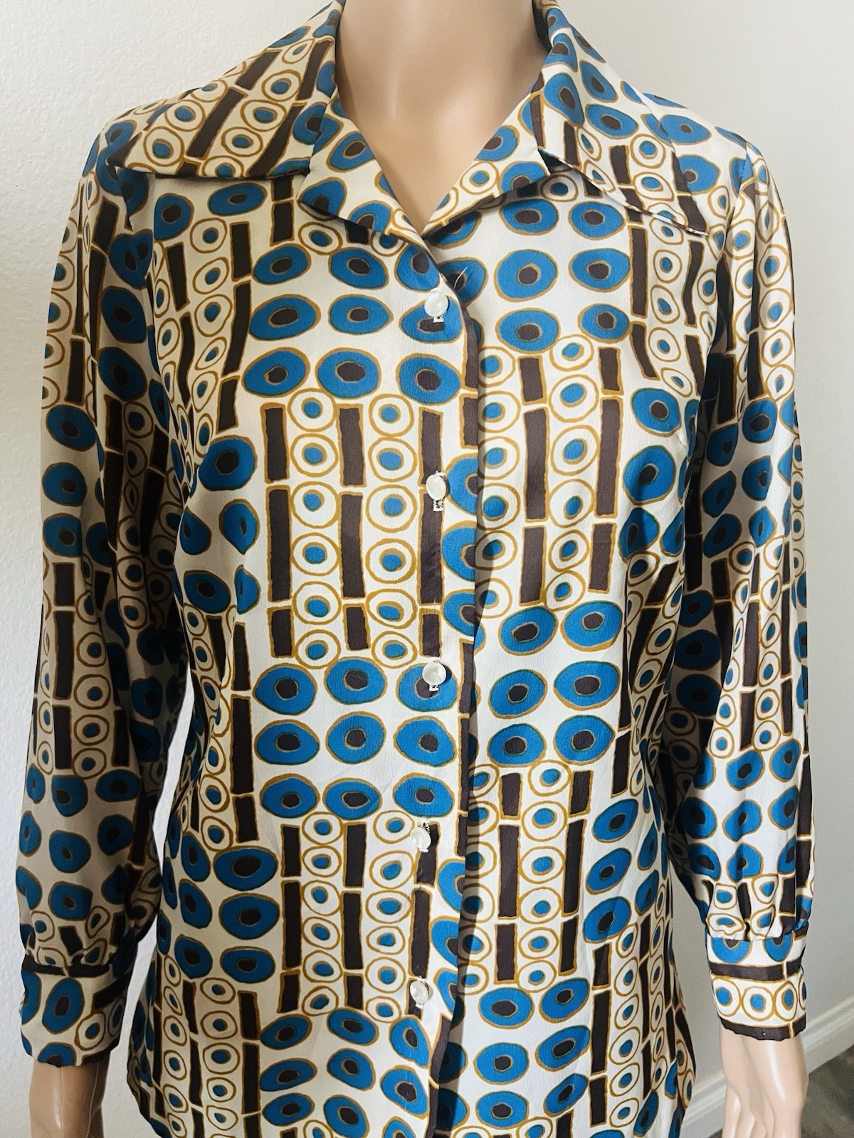 VTG 70s Disco Bold Geometric Circles Big Collar Blouse Graff Californiawear Top