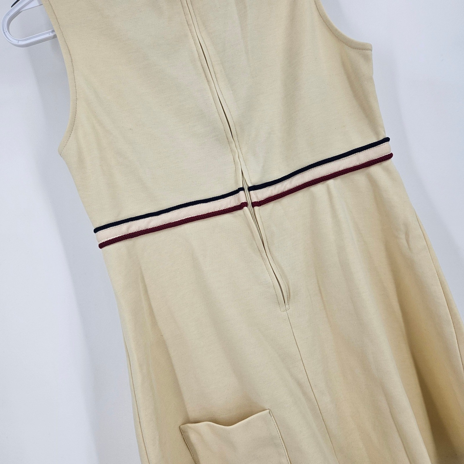 Vintage Spalding Tennis Dress Cream Yellow Striped Trim V-Neck Mini 70s Preppy S