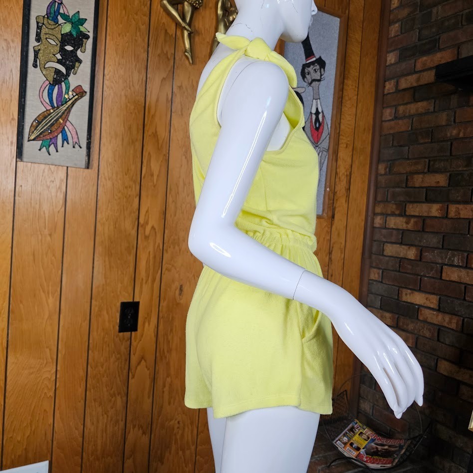 Vintage 80s Playsuit Terry Cloth Bathing Suit Coverup Cheeky Shorts Romper S/M