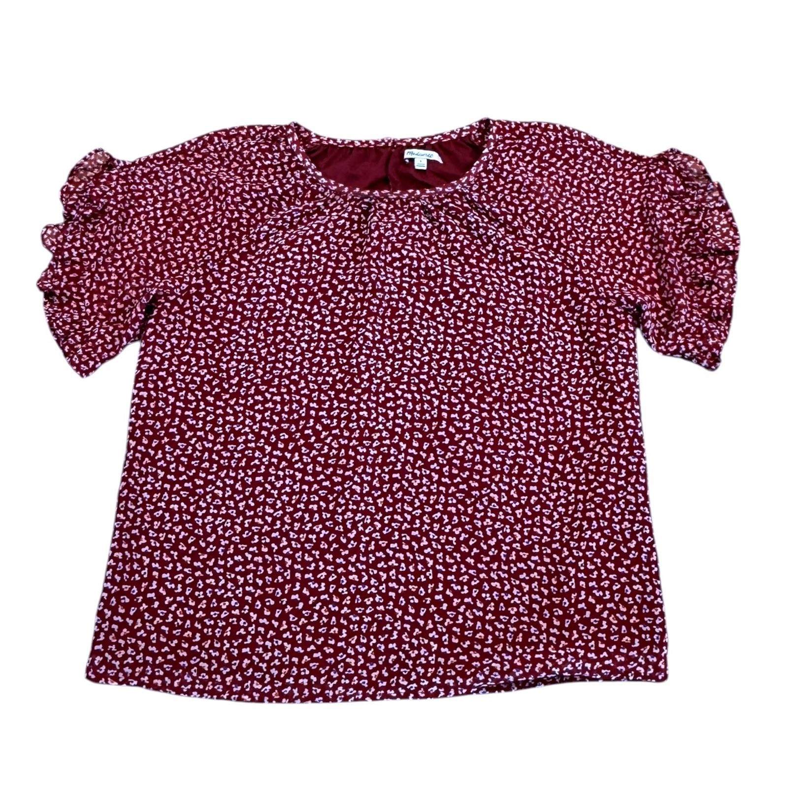 Madewell Memento Flouncy Ruffle Sleeve Top S Wine Floral Boho Coqette EUC