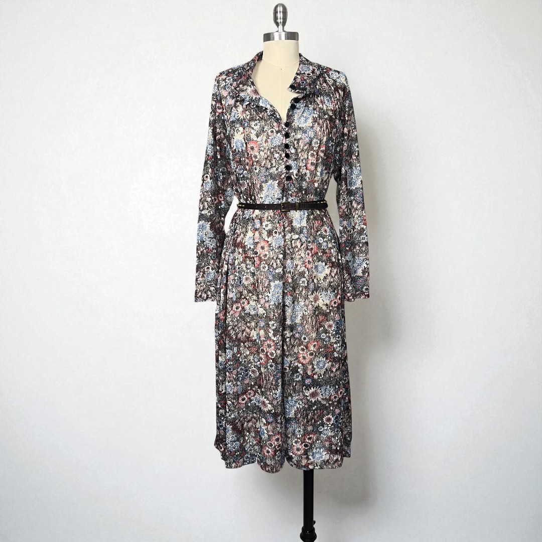 Vintage 70s Boho Long Sleeve Multicolor Floral Print Mesh Midi Dress S/M