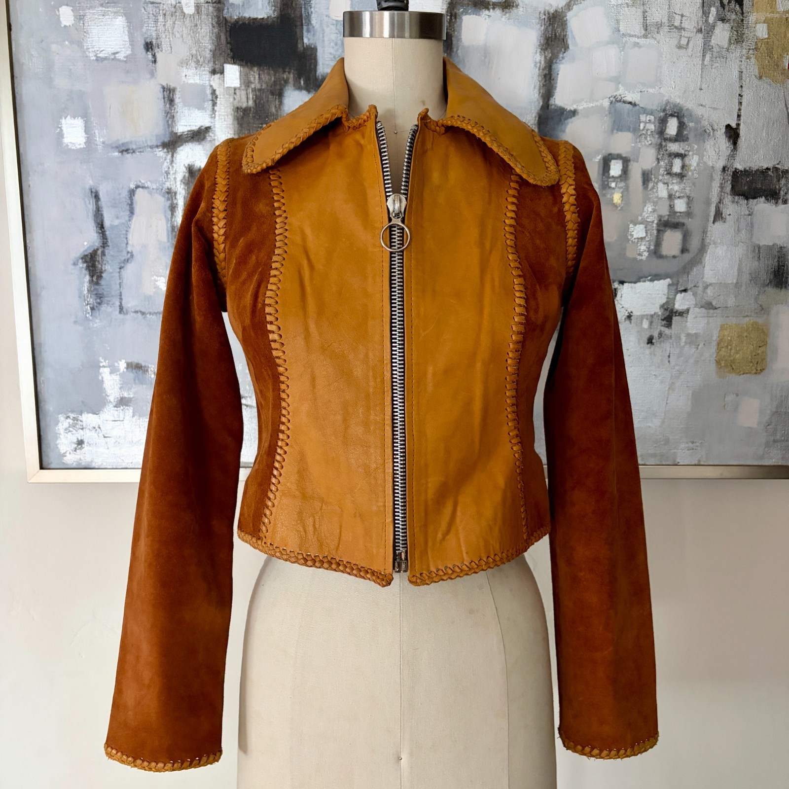 Vintage 70s Whipstitched Suede Leather Cropped Jacket Hippie Boho Womens XS 34