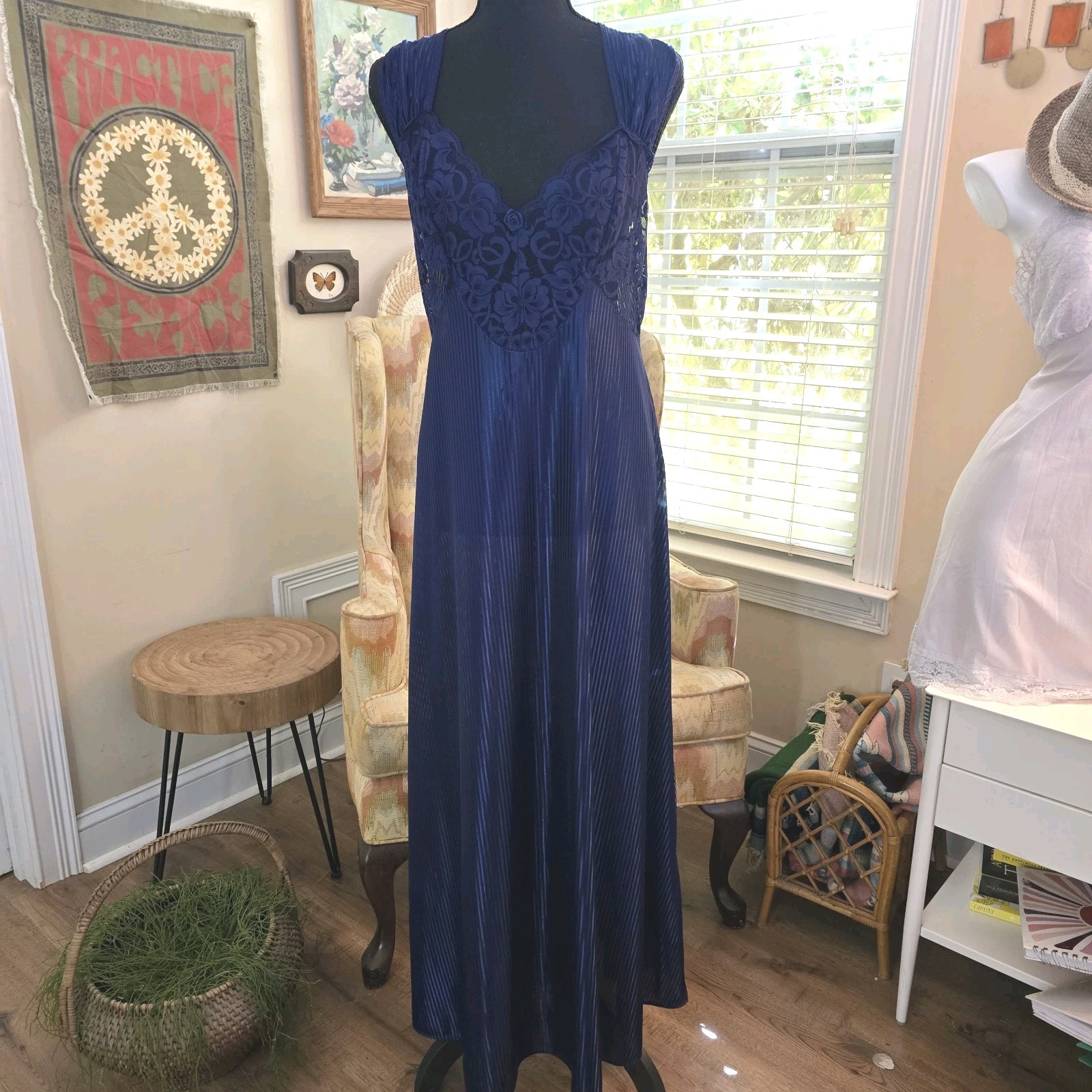 Vintage Blue Nightgown Size L Petra Fashions Satin Lace USA made 80s 90s Slip