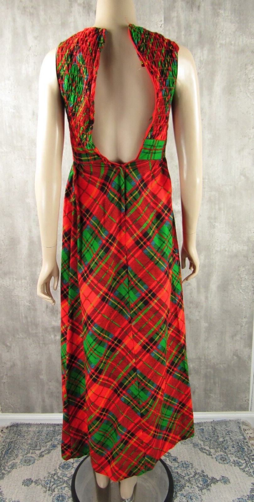 Vintage I. Magnin 60s 70s Red Plaid Empire Smocked Maxi Dress XS/S Jrs 5