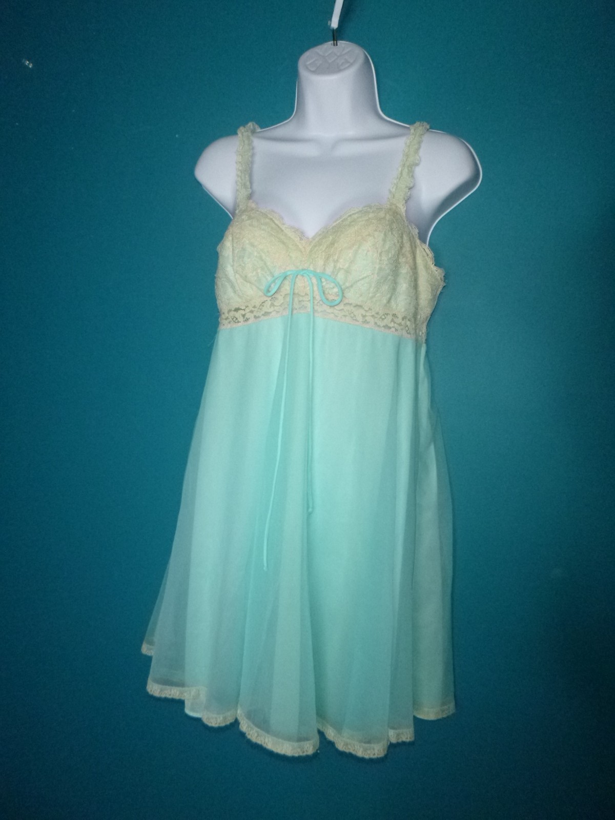 Vtg 60s Olga Sleeping Pretty Nightgown Aqua Double Layer Nylon Chiffon Sz M