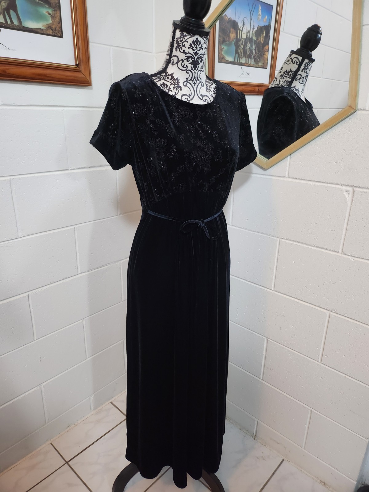 GOTHIC BLACK Dress Another Thyme Vintage 90&rsquo;s Designer Label Diamonte Velvet S