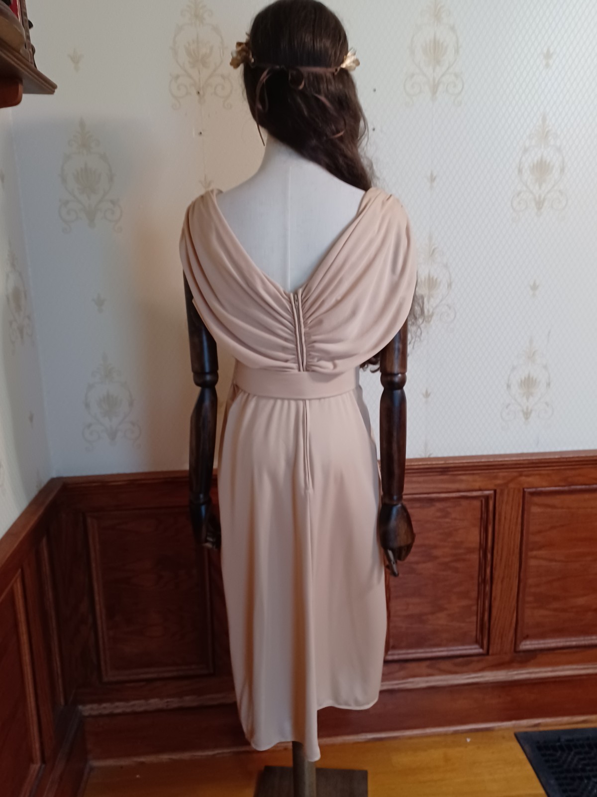 Vintage 1970s Union-Made Earth-Tone Disco Grecian Goddess Midi Dress