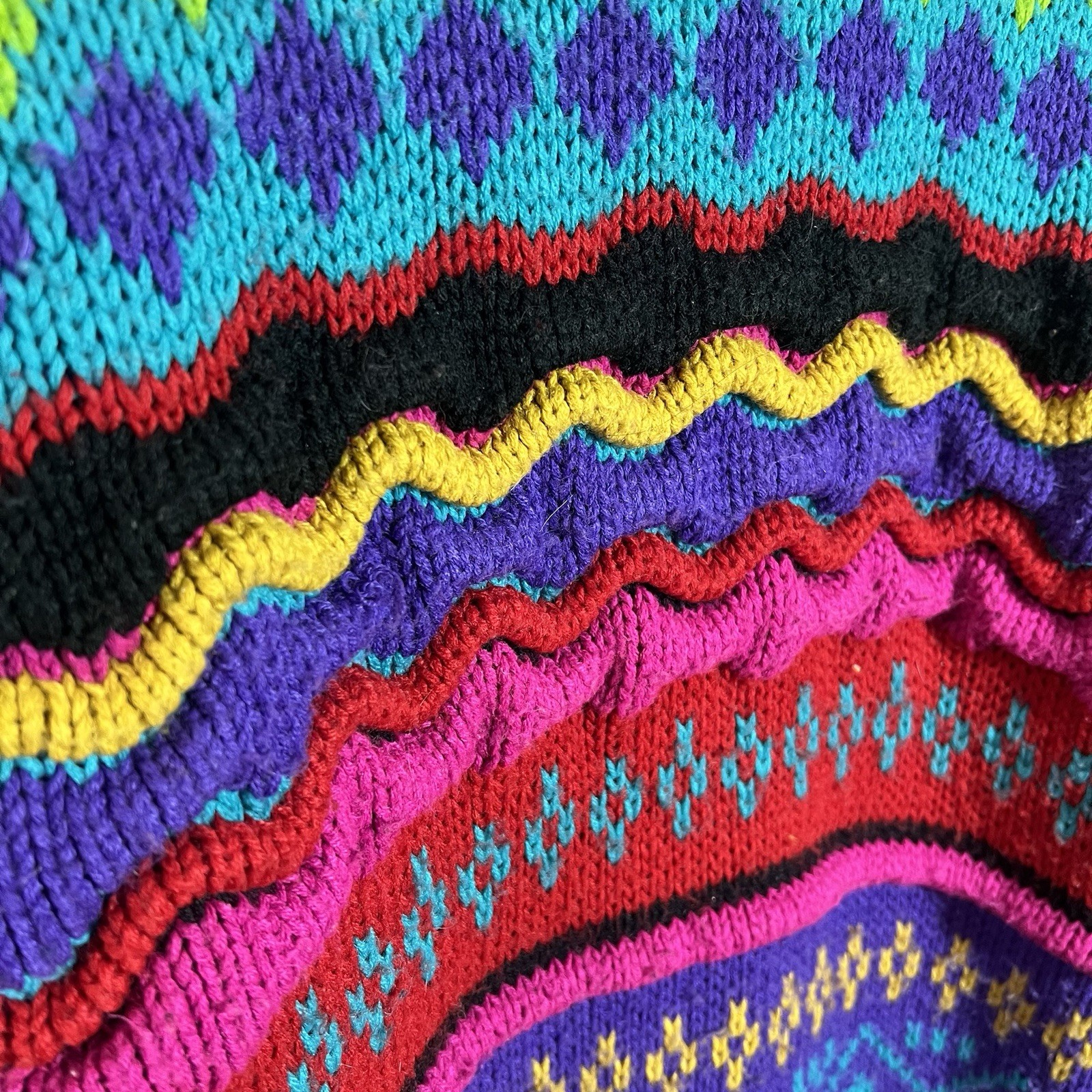 Vtg IVY Multi-color 3D Coogi Style Cable Knit Sweater Acrylic Size M Cosby Mock