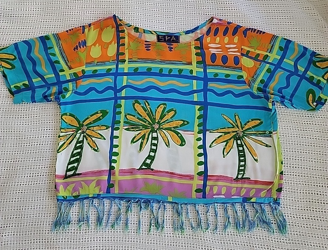 Vintage SPA Crop Top Sz Med-Lg-Hawaiian Beaded-Embellished Fringed-Art to Wear