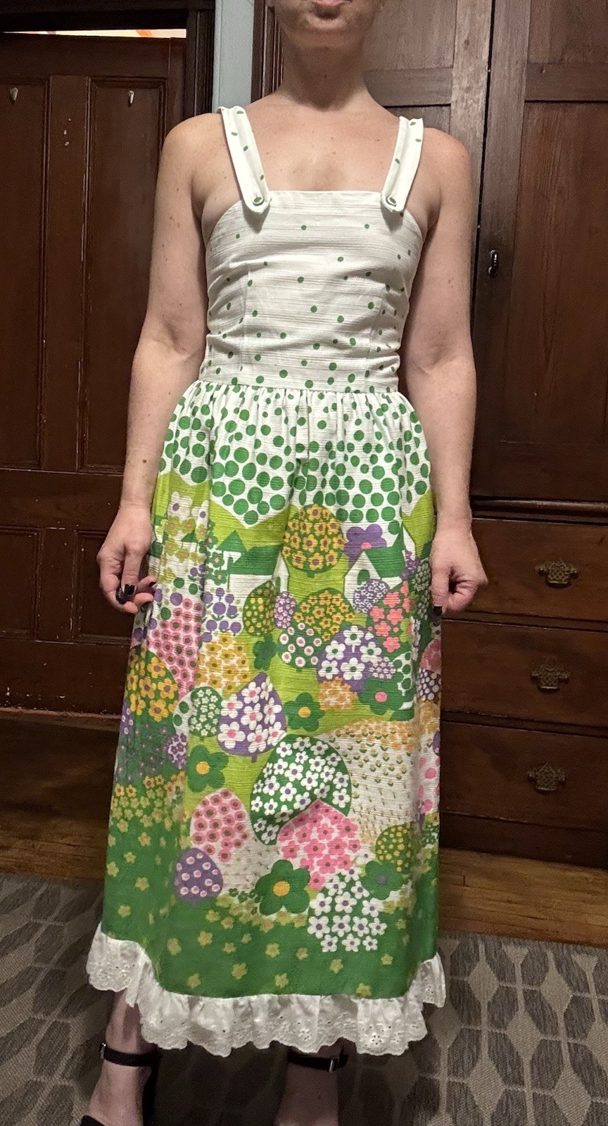 Vtg 60s Expertly Handmade Fantastic Print Floral Polka-Dot Twill Maxi, Size XXS