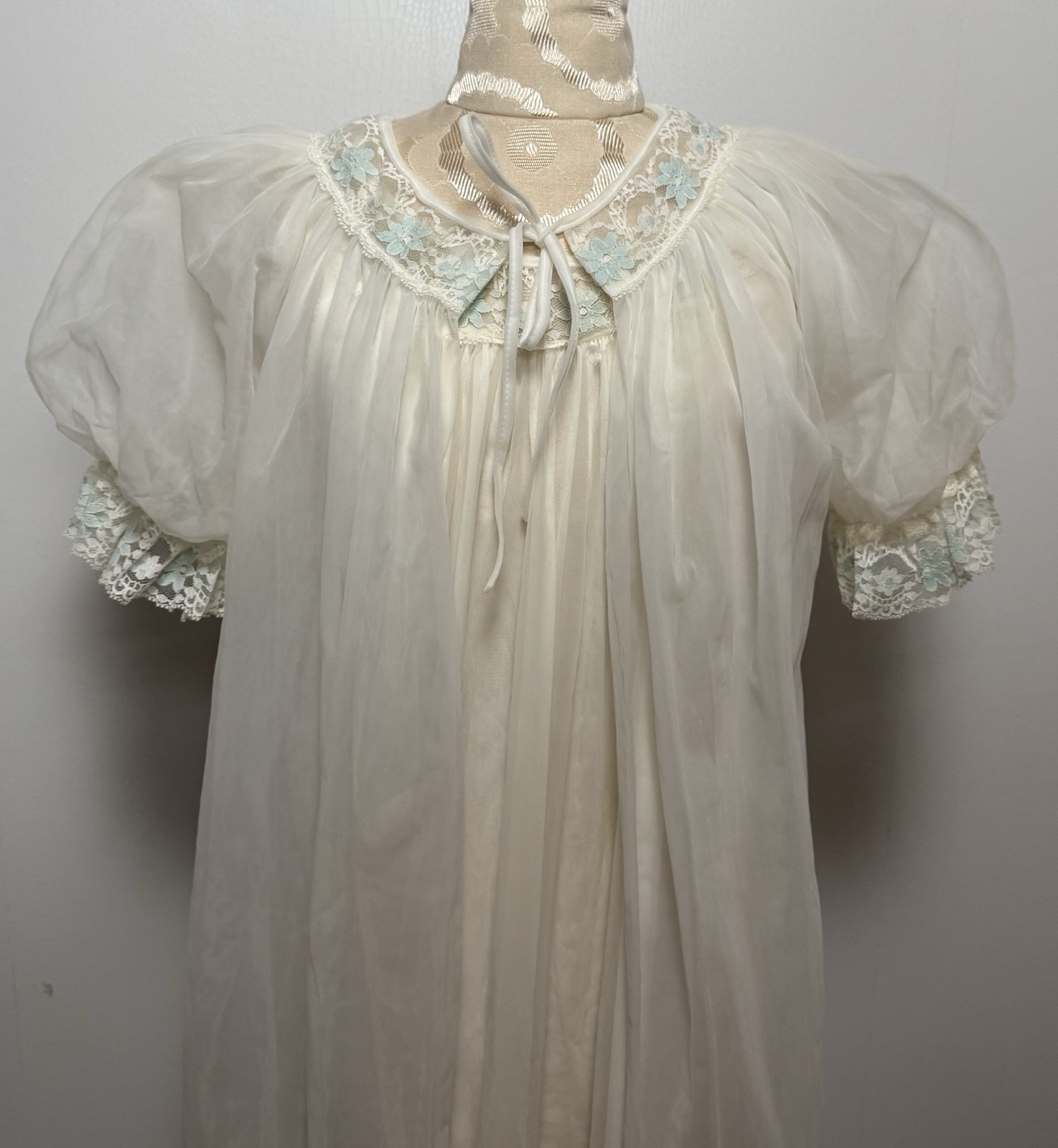Vtg 50s Bridal Peignoir & Nightgown Set M White Blue Floral Lace Romantic