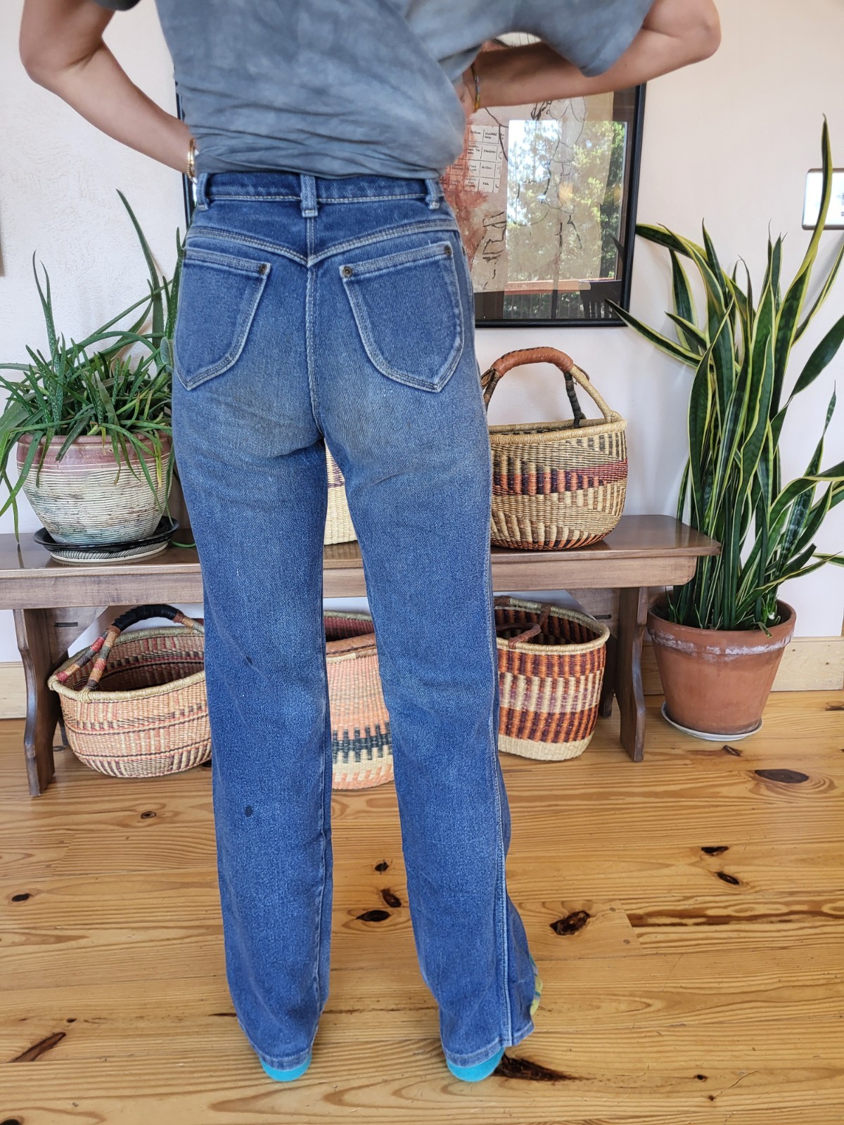 VINTAGE HIGH WAIST STOCKTON OF DALLAS DENIM Blue JEANS 24×30 USA Distressed