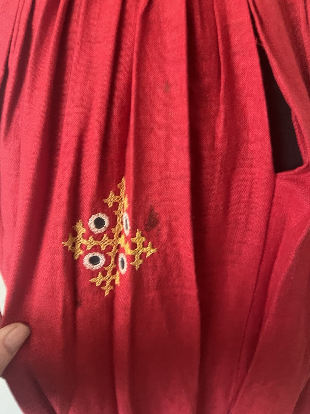 Red Vintage Cotton Dress with embroidery and mirrors, Indian