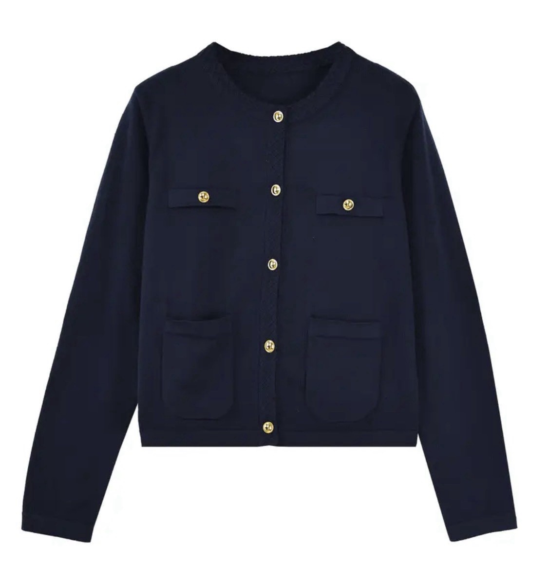 Chic Old Money Style Crew Neck Summer Jacket- NEW Navy Blue W Golden. Buttons