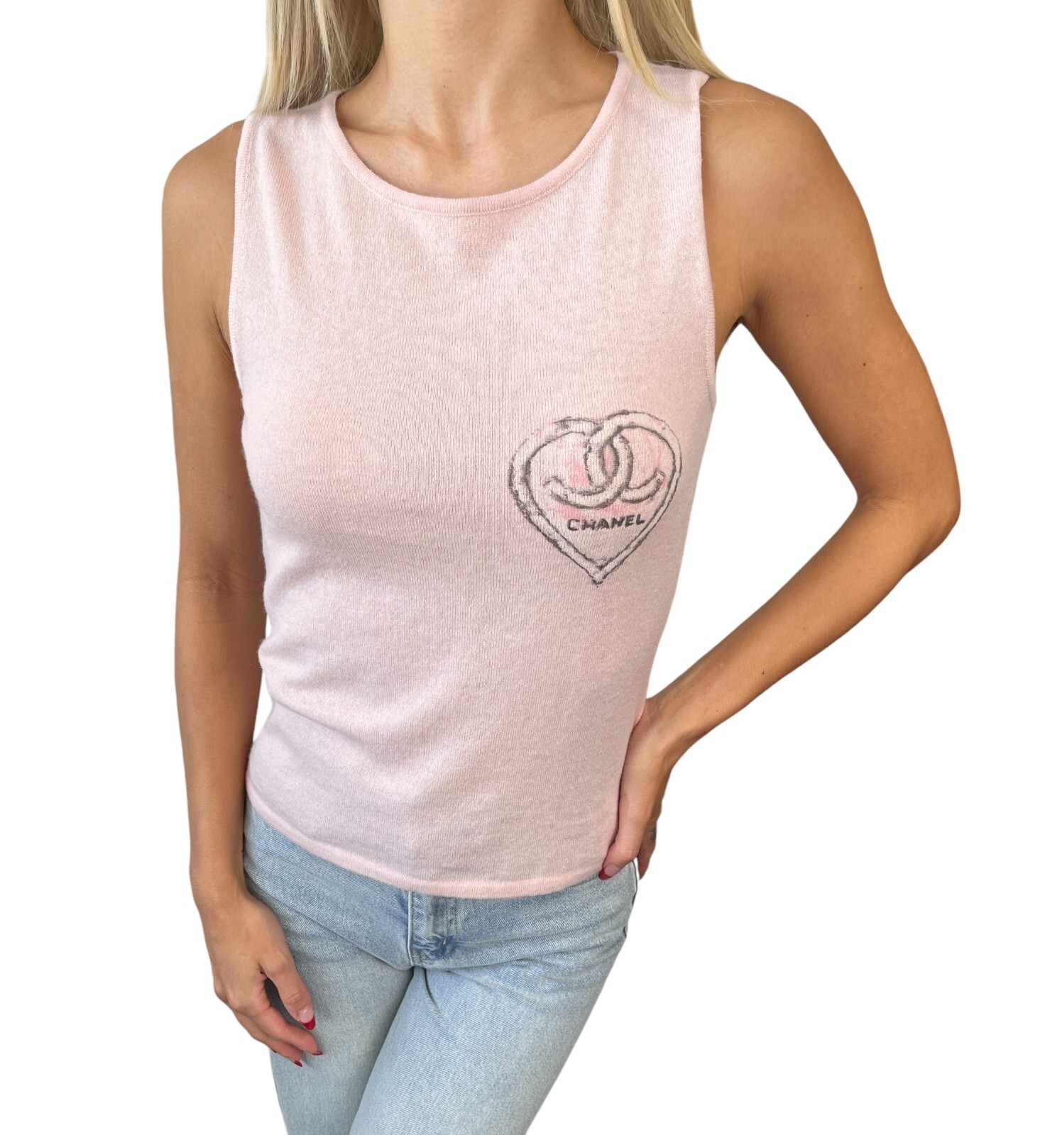 CHANEL Vintage 09C CC Mark Logo Heart Knit Tank Top #34 Pink Cashmere Rank AB+