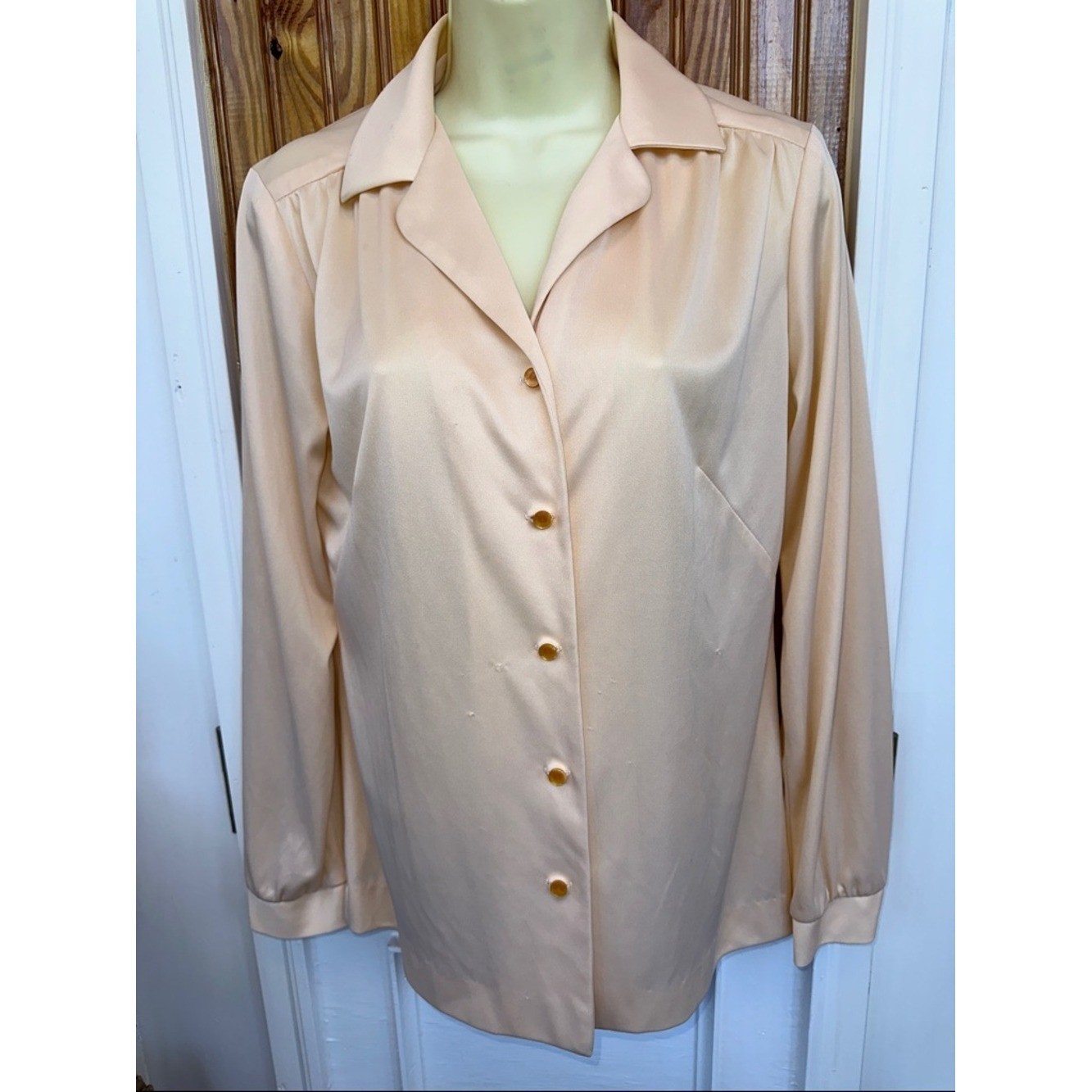Vintage 70s Mize Modes Light Peach Button-Up Knit Polyester Long Sleeve Shirt
