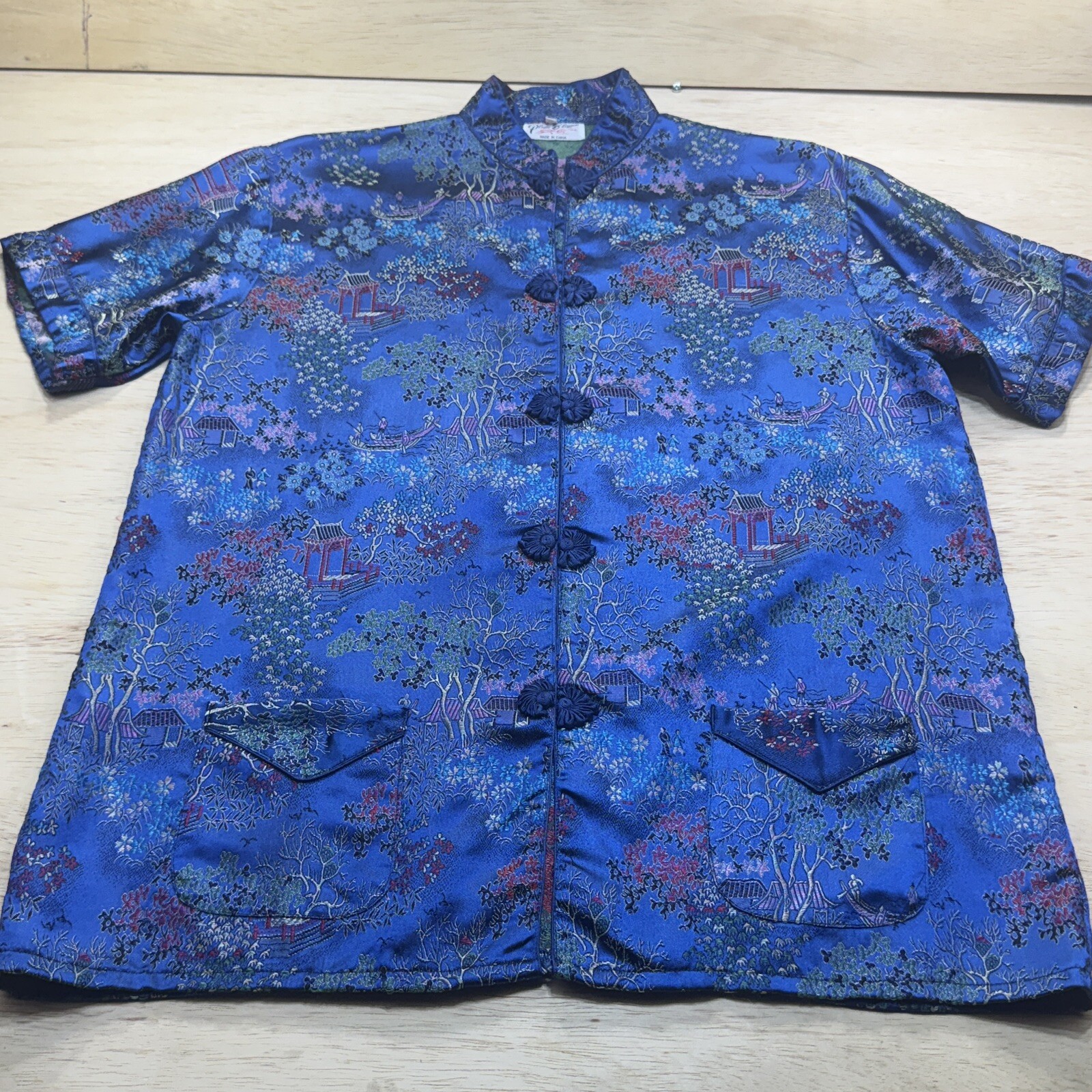 Plum Blossom Women&rsquo;s Sz XLarge Blue Oriental Chinese Embroidered Shirt Colorful
