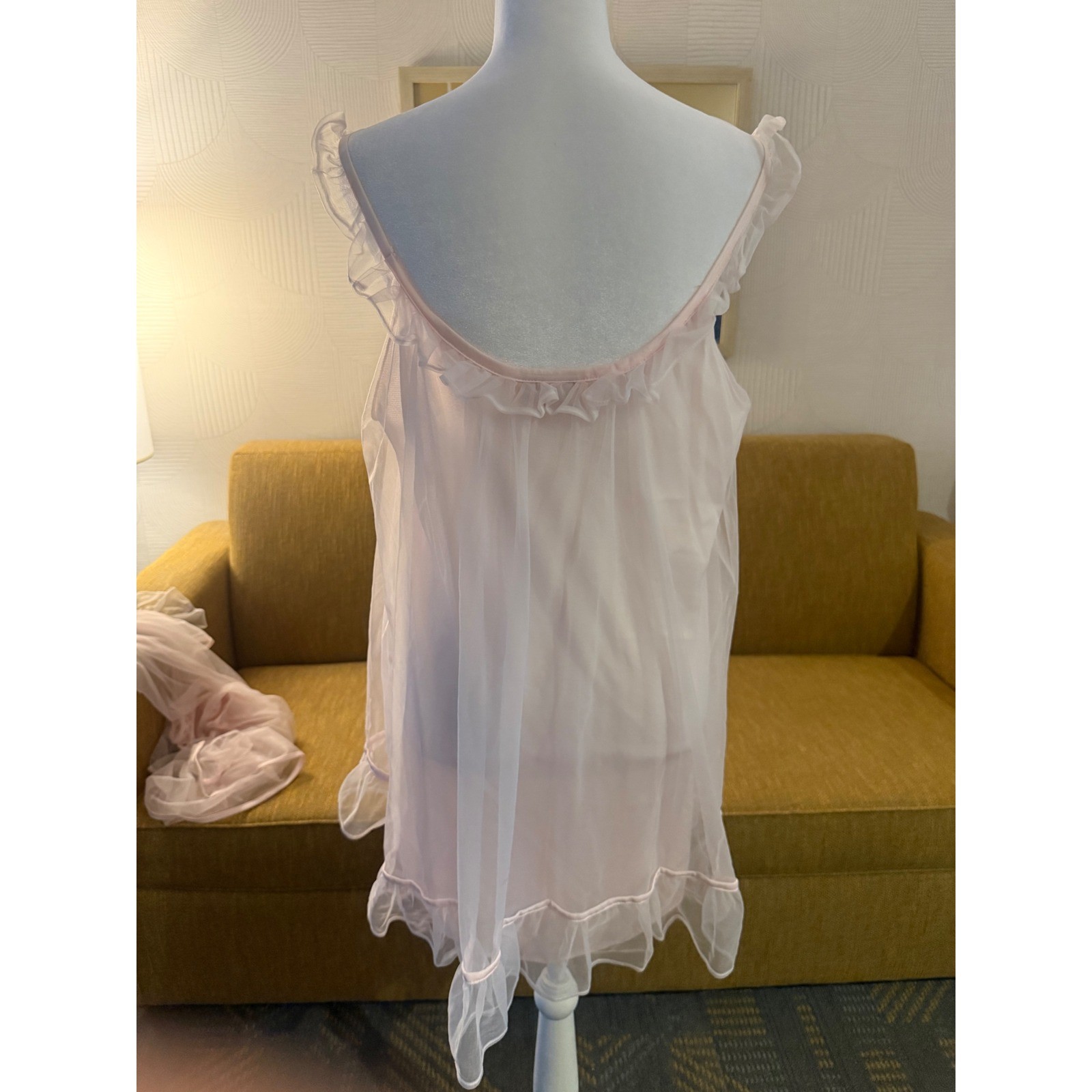 Vintage Pink Sheer Babydoll Nightgown and Robe Set Floral Pearl Accents Lingerie
