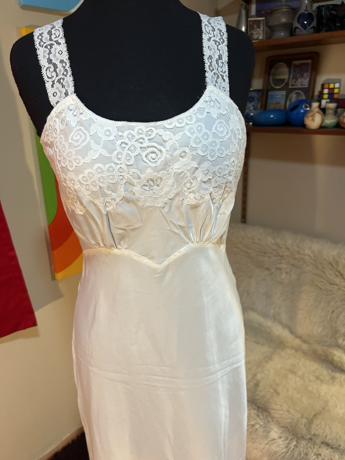 Vtg 50s Lady Lynne Back Magic Silky Nylon Lace 32 USA Union Ivory Slip Dress