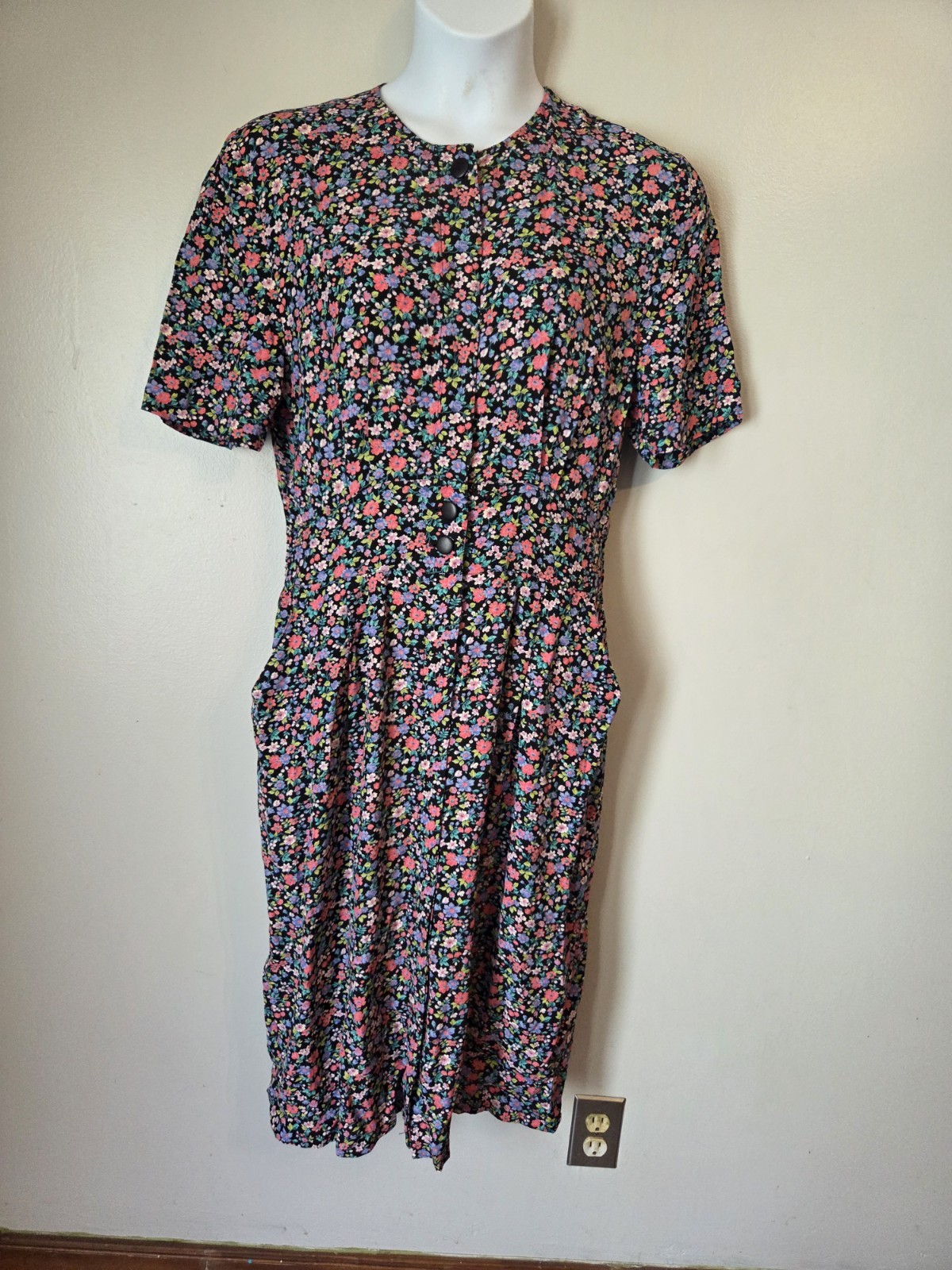 Vintage 80s 90s Karin Stevens Ditsy Floral Print Midi Dress Cottagecore 16