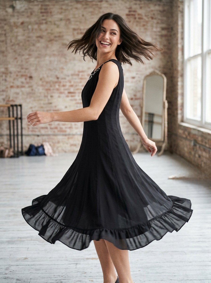 SL Fashions Little Black Dress & Slip Sequins Sheer Swing Cocktail Midi Sz 10