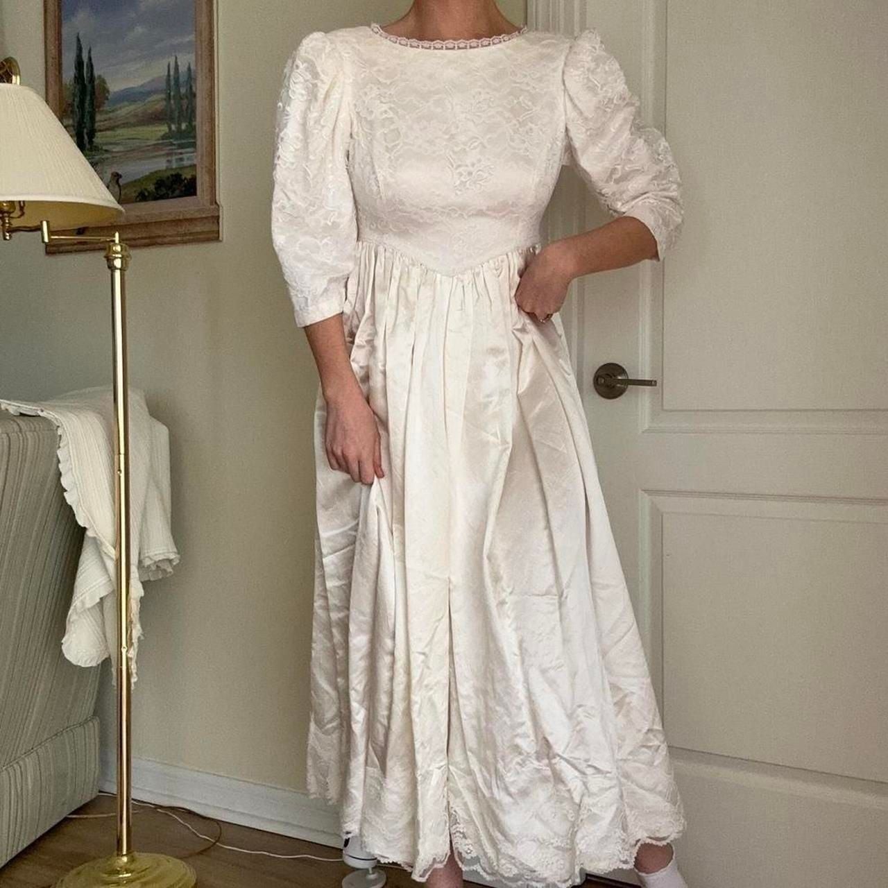 Vintage Handmade White Lace Basque Waist Gown with Puffy Sleeves