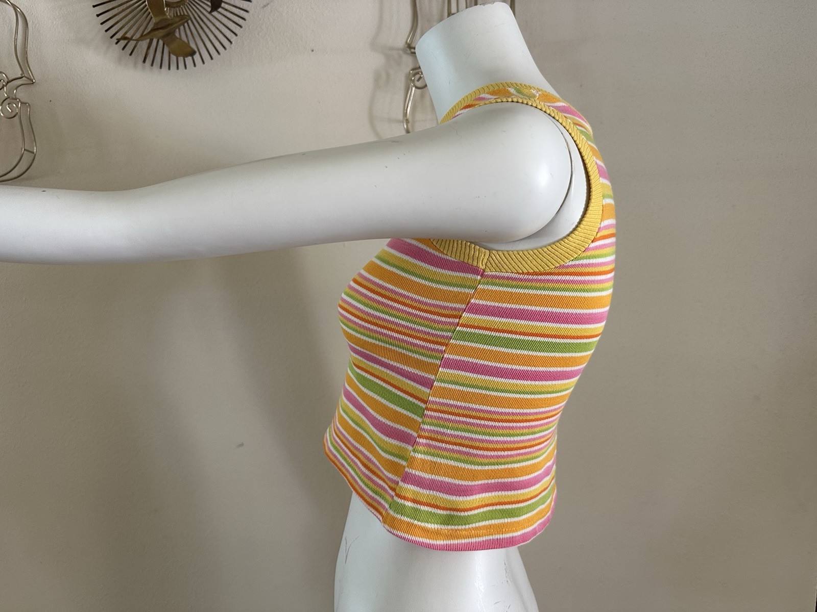 1960s 70s Stripe Knit Crop Tank Top Mod Resort Sportswear Surf Pink XS S VTG