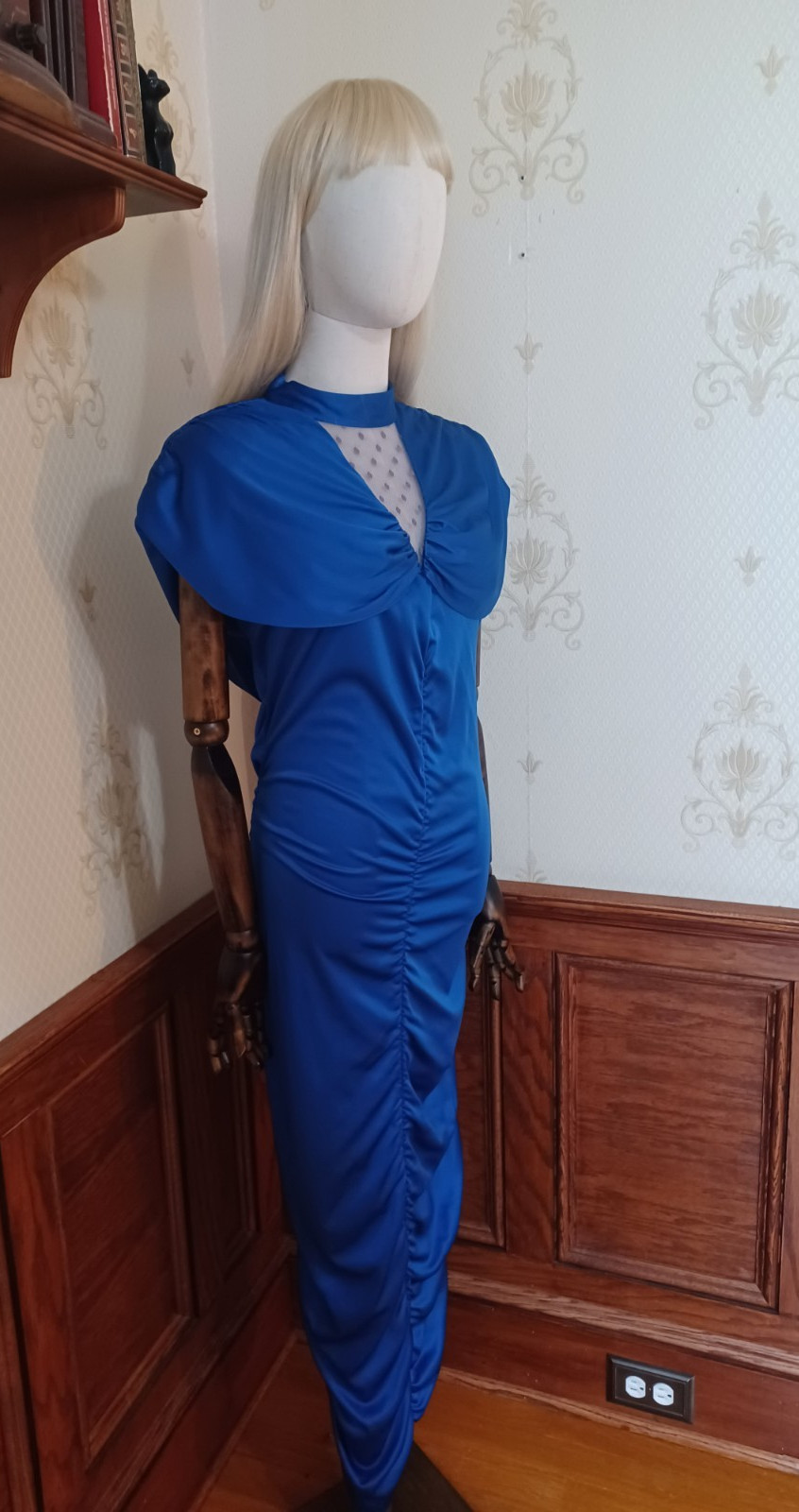 Vintage 1980s Mayvens Cobalt Blue Slinky Vamp Ruched Bodycon Glam Evening Dress