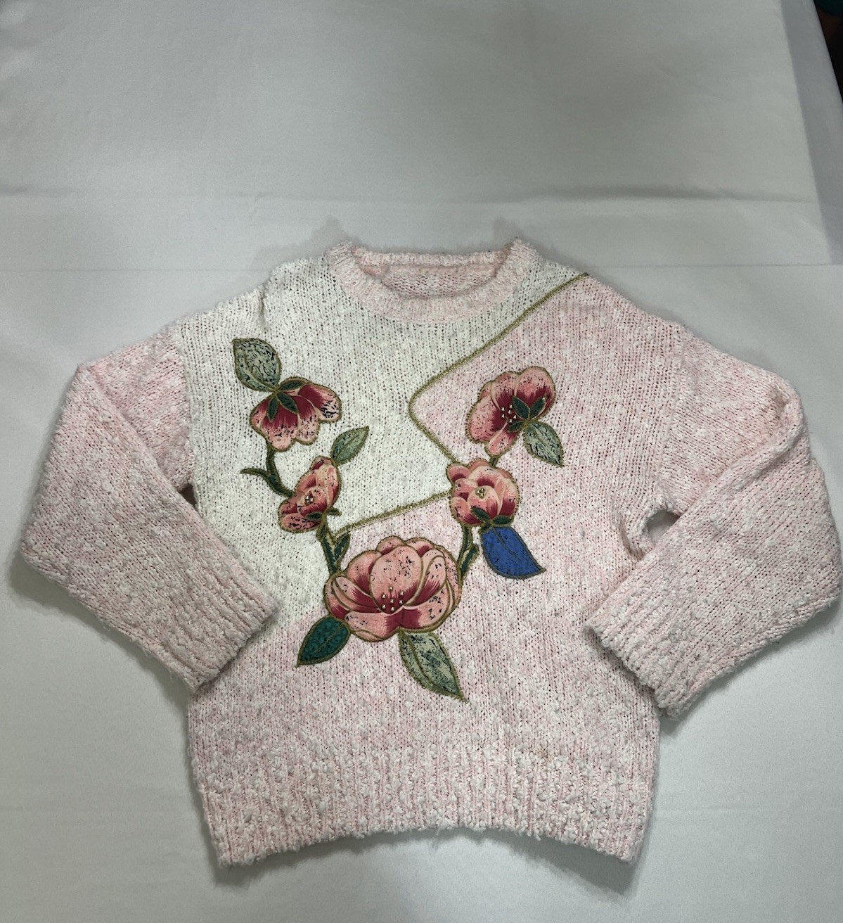 Vintage 80s 90s floral Bead embellished colorblock sweater oatmeal Pink sz S