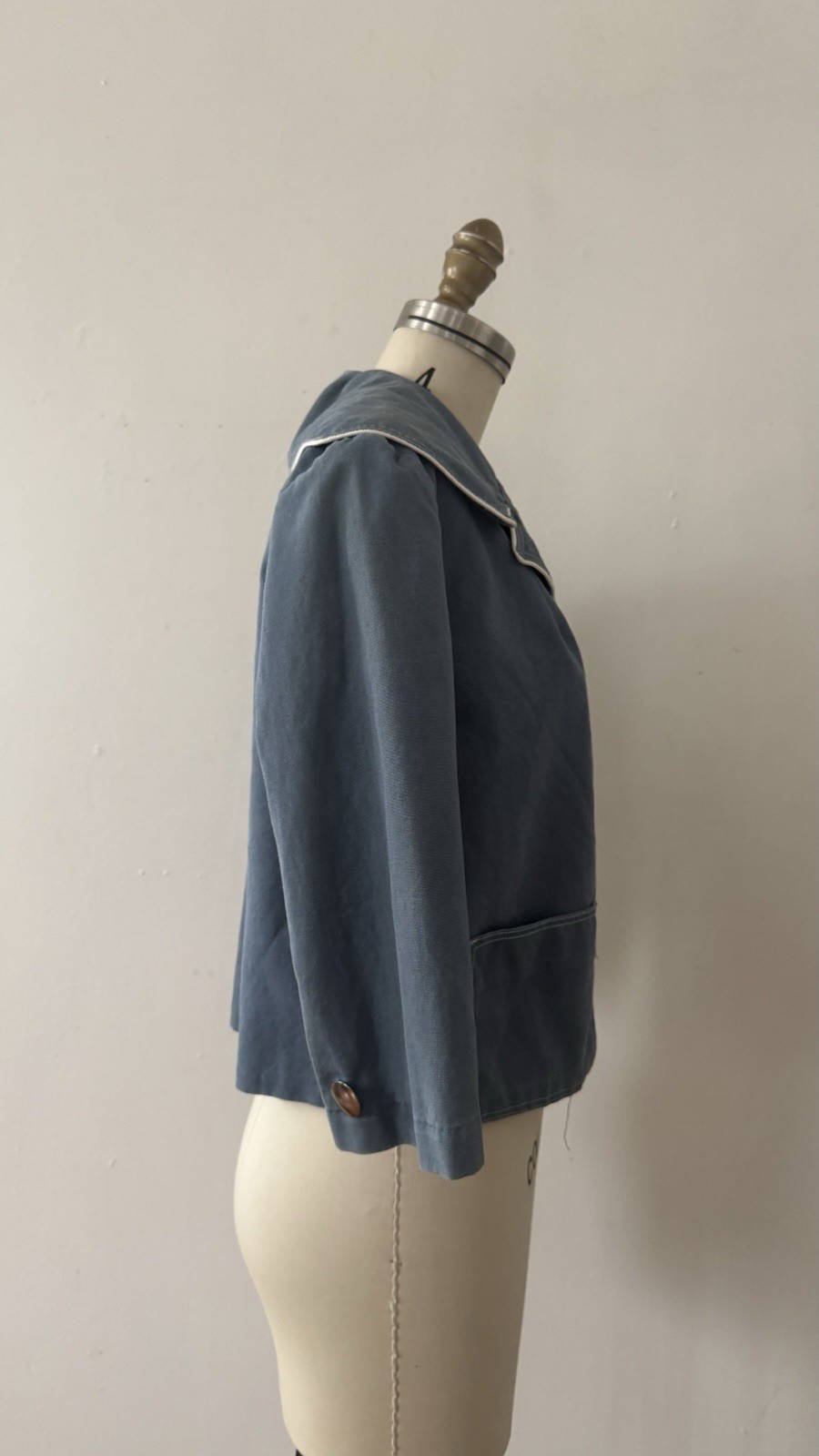1950s Sailor Collar Cropped Jacket Dusty Blue Rayon Faille Nautical Sportswear