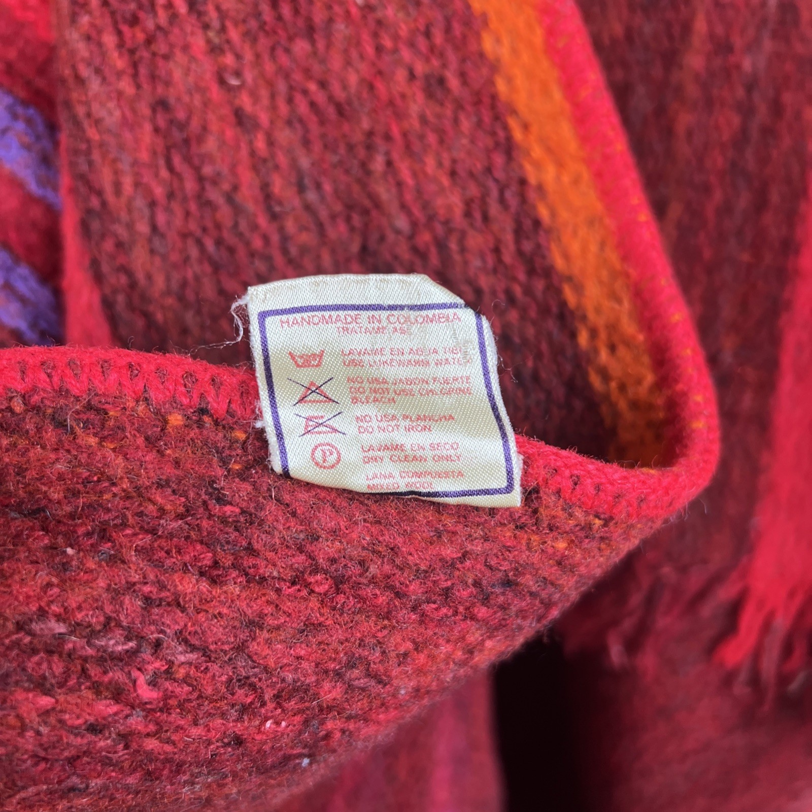 Vintage Roxa Ltd Mixed Wool Poncho Cape Colombian Red Orange Purple