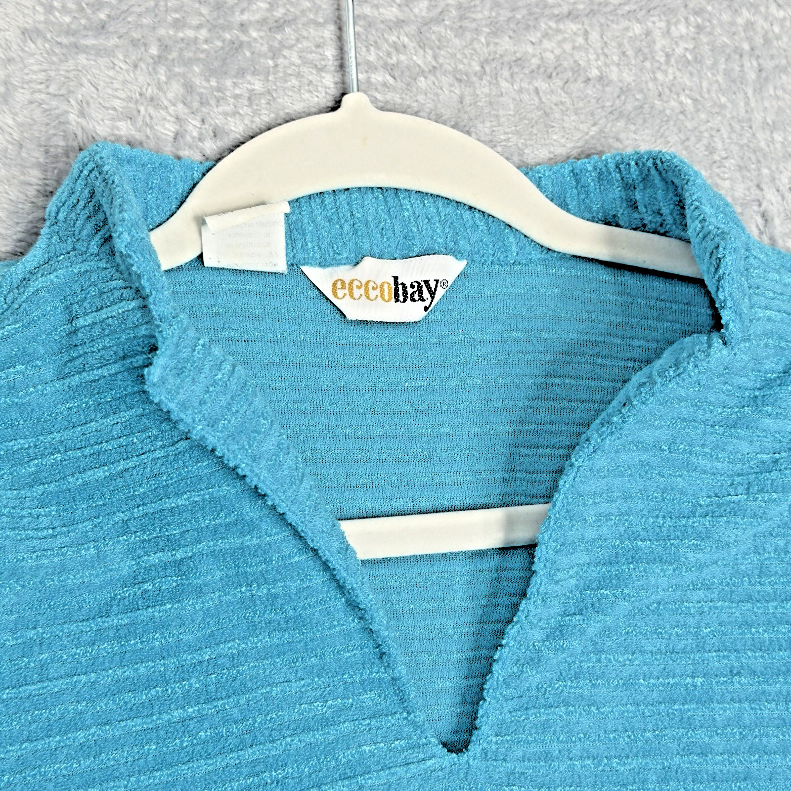 VTG Eccobay Cap Sleeve Johnny Collar Tank Turquoise Blue Poly Knit Sz Large