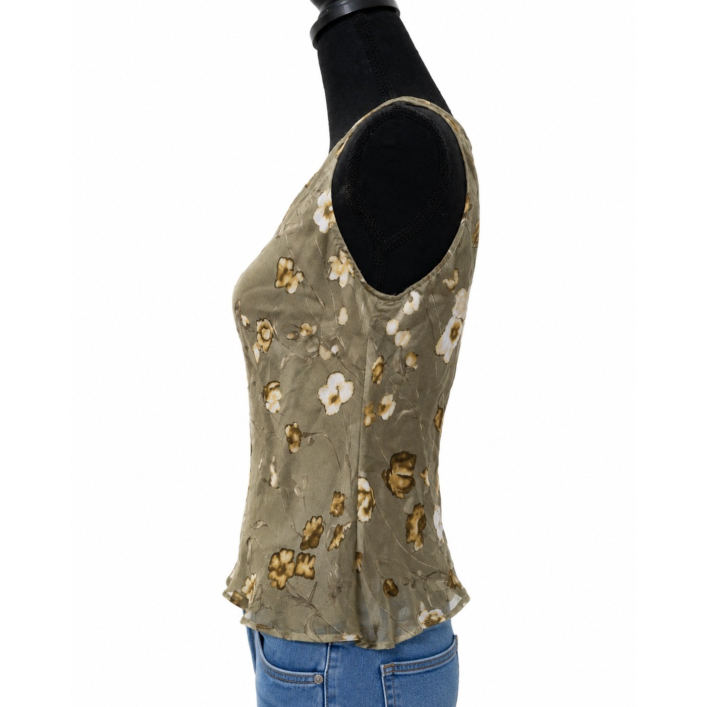 Vintage Escada Elements 100% Silk Top, EU 40 (US 8/10) Olive Green Floral Blouse