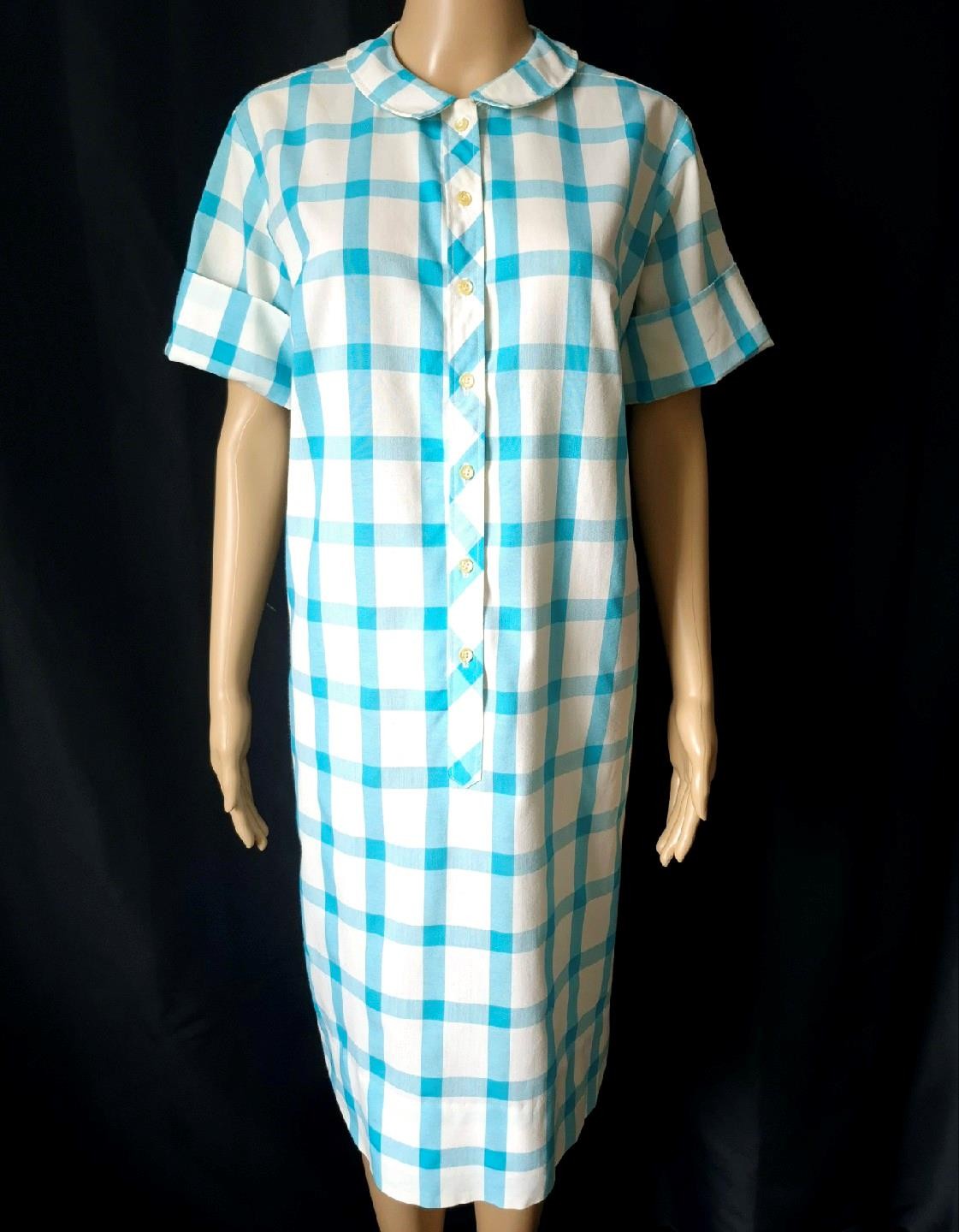 BLUE & WHITE WINDOWPANE 1960s Vintage Shift HOUSE DRESS – 40 inch waist