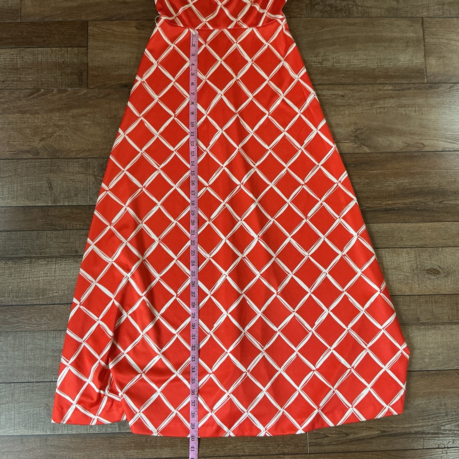 70s VTG Kay Windsor Red Geometric Maxi Dress Sleeveless Mock Neck Size XS/S #9E8
