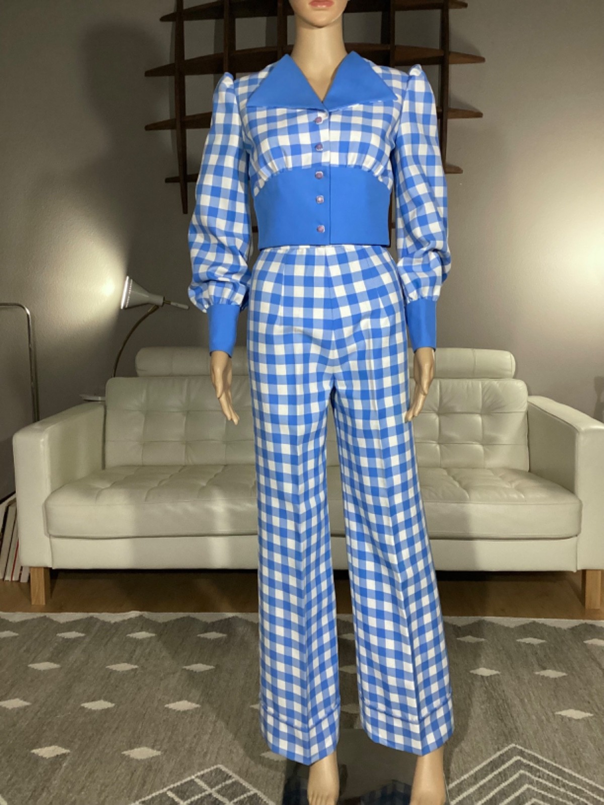 Vintage 1970&rsquo;s Blue & White Check Cropped Button Up Top & Wide Leg Pants Set