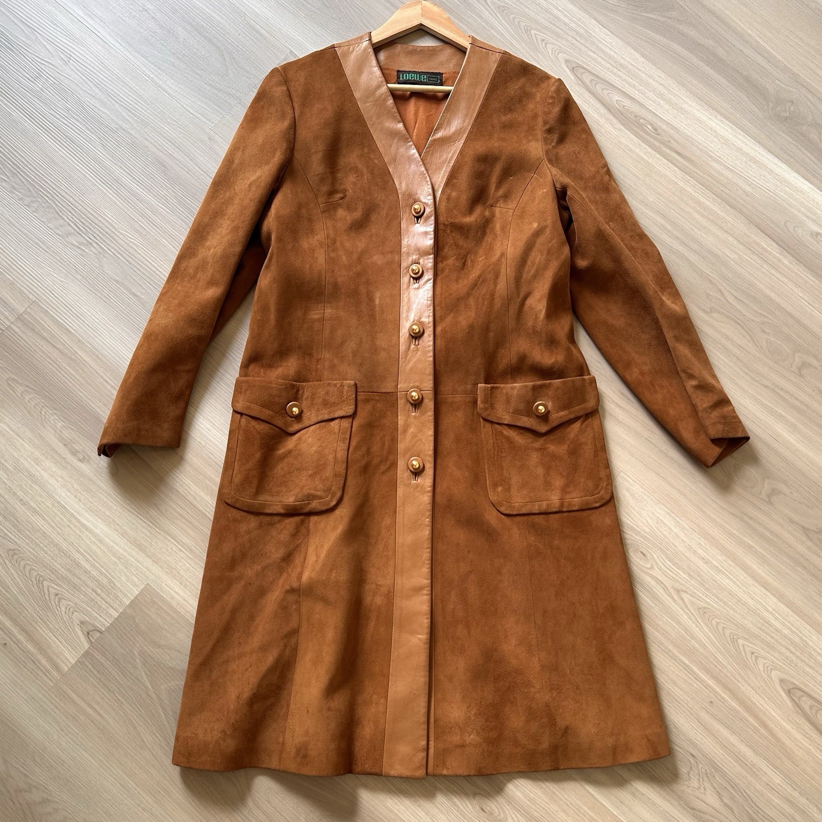 Vintage 1970s LOEWE Tan Suede Leather Maxi Coat Women&rsquo;s 41” Bust