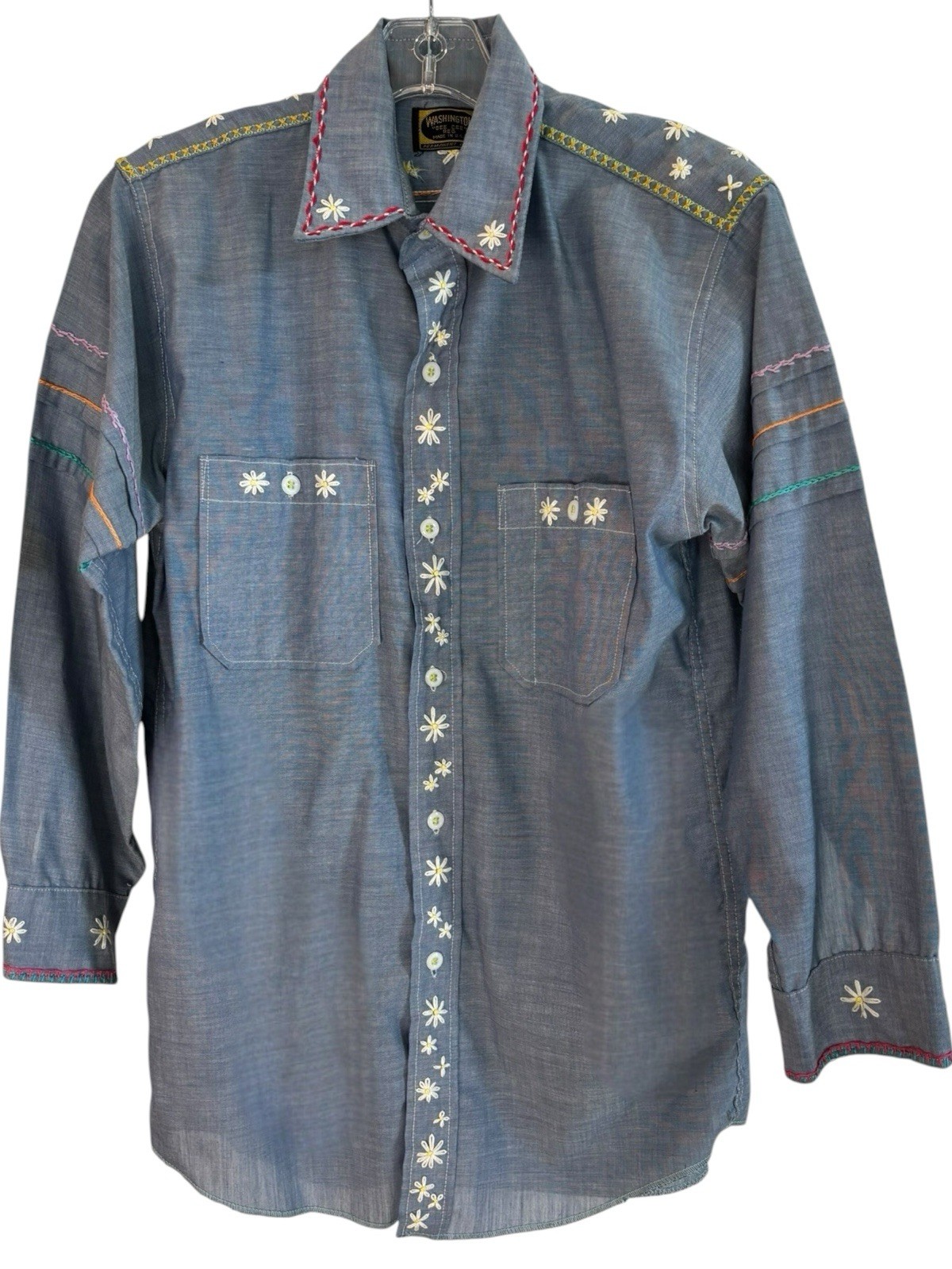 Washington Dee Cee Vintage Chambray Shirt Embroidered Floral USA M
