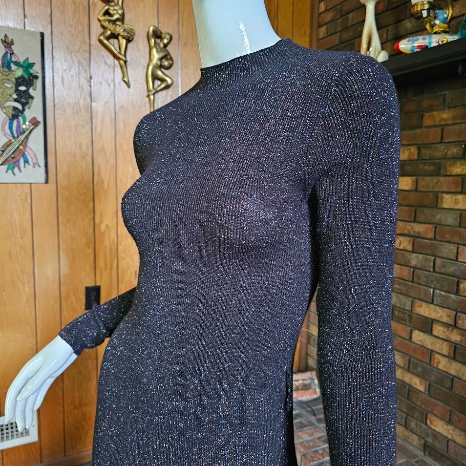 Vtg 80s Rainbow Glitter Goth Starry Night Metallic Knit Midi Party Emo Dress S